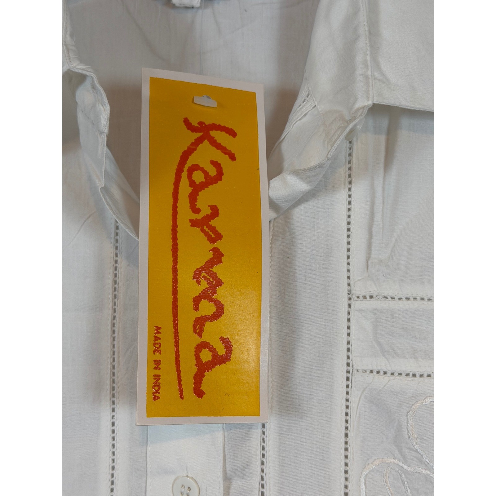 Karma White Cotton Embroidered Button Down Shirt L/S Boho Style •M• Guayabera