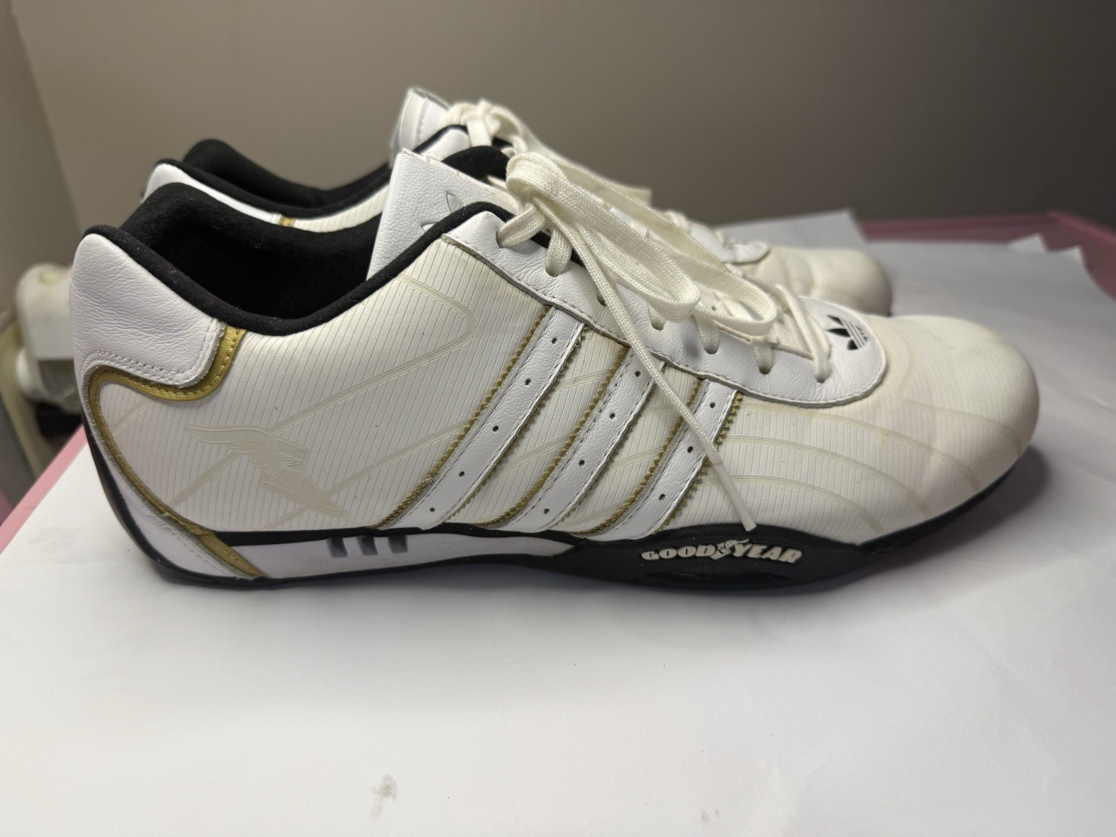 adidas Men’s Goodyear Athletic Sneakers White Black Gold Low Top Lace-Up Shoes