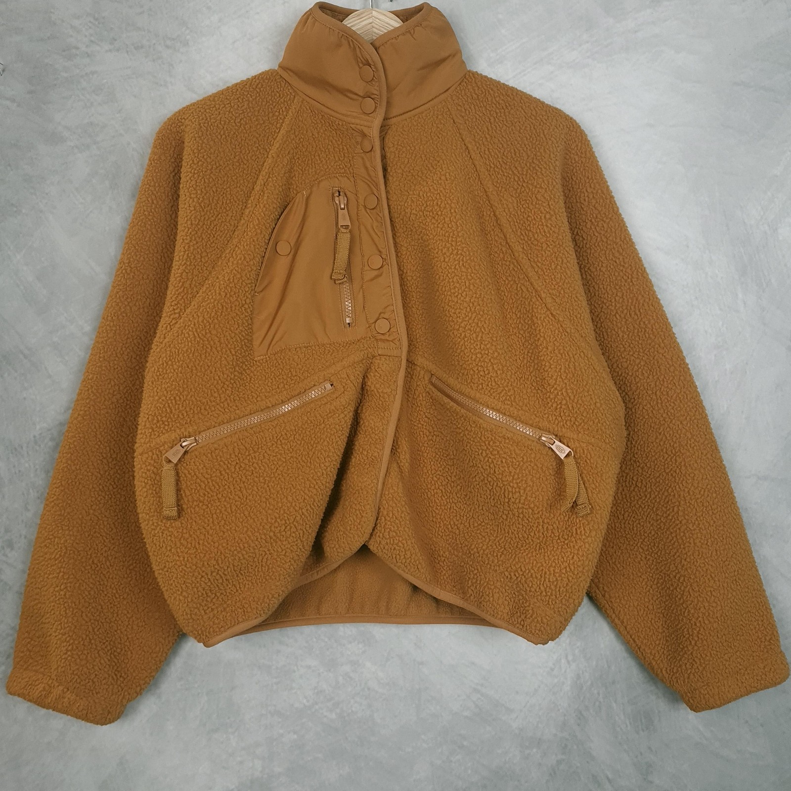 FP Movement Jacket Womens XS Brown Fleece Snap Front Zip Pockets Oversized