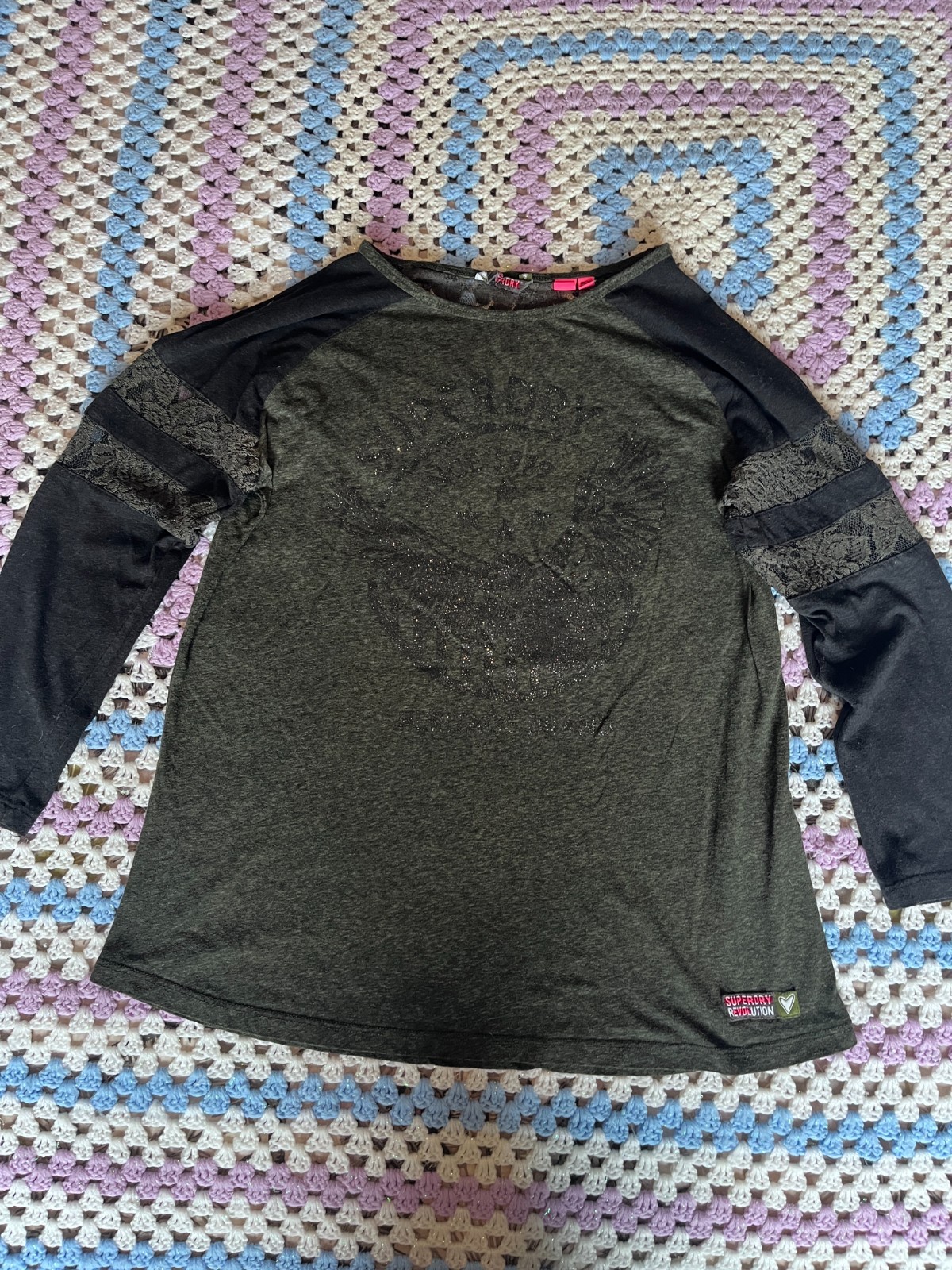 SUPERDRY DARK GREEN AND BLACK LONG SLEEVED TOP WITH LACE CUT OUTS