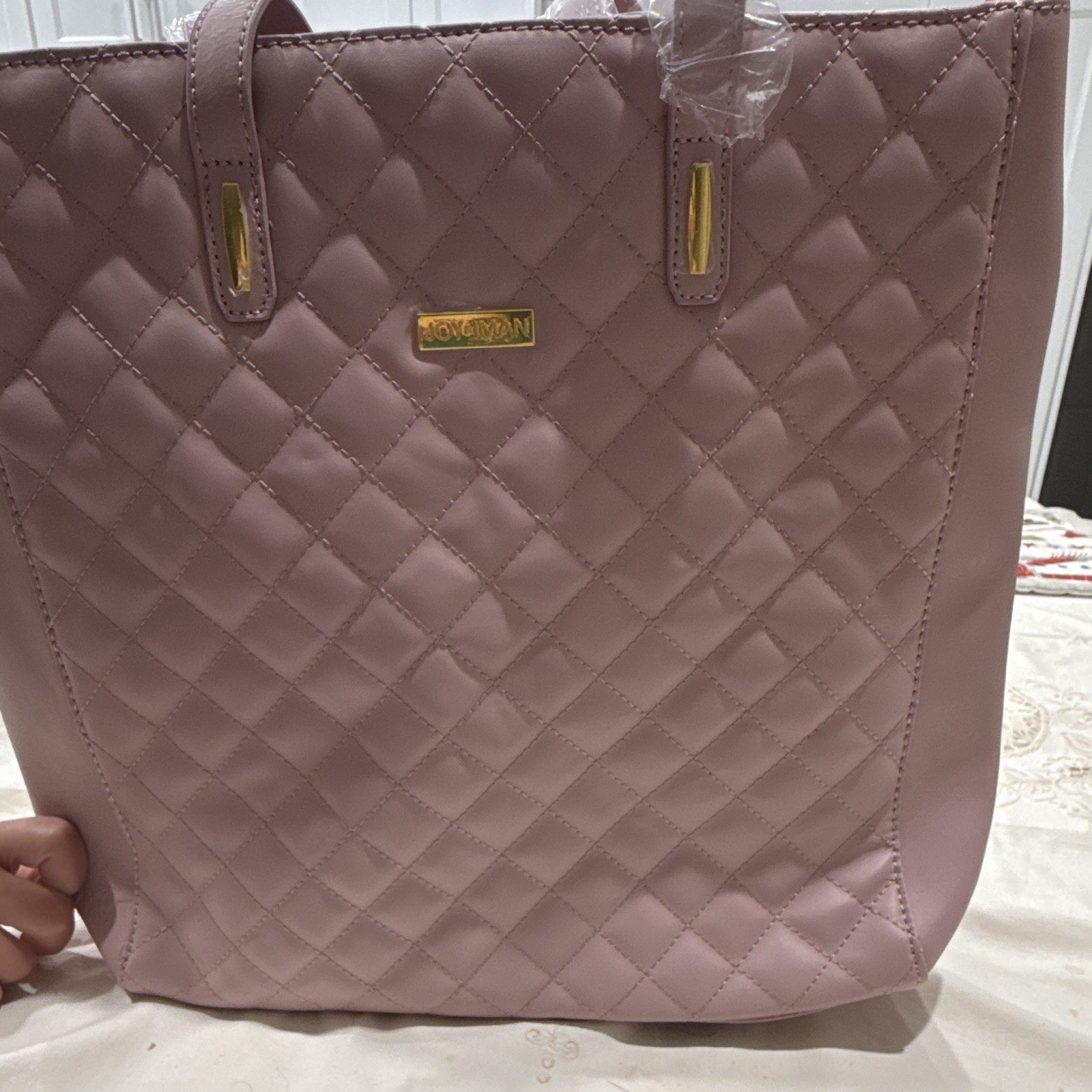JOY & IMAN Pink Quilted Tote Bag Gold-Tone Logo Plate, Double Handles