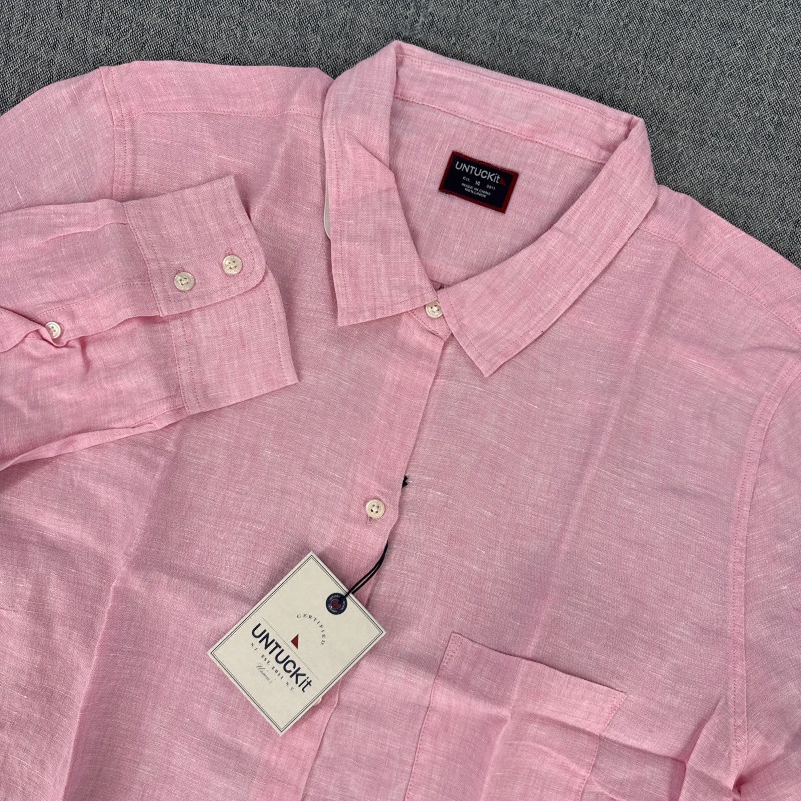 UNTUCKit Blush Pink Womens Long Sleeve Button Up Shirt 100% Linen – Size 14 NEW