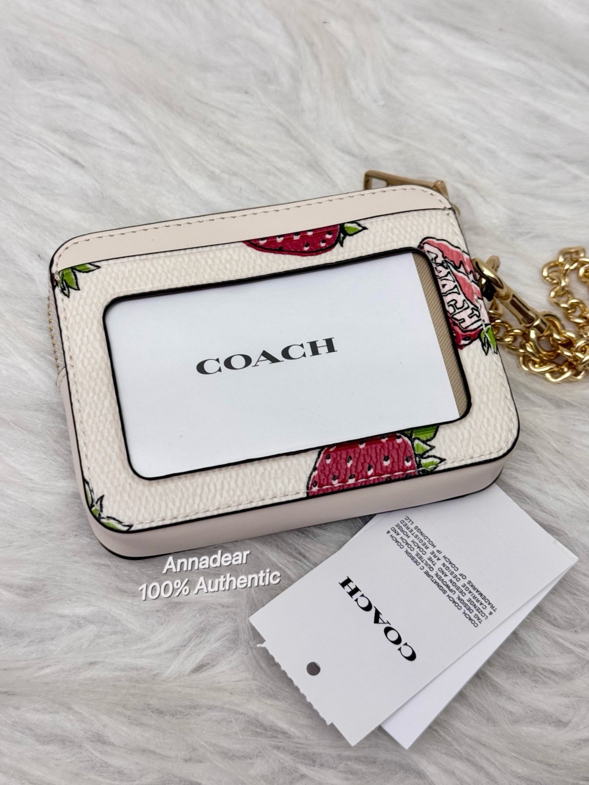 Coach CAR32 Zip Card Case With Strawberry Print NWT Chalk Multi