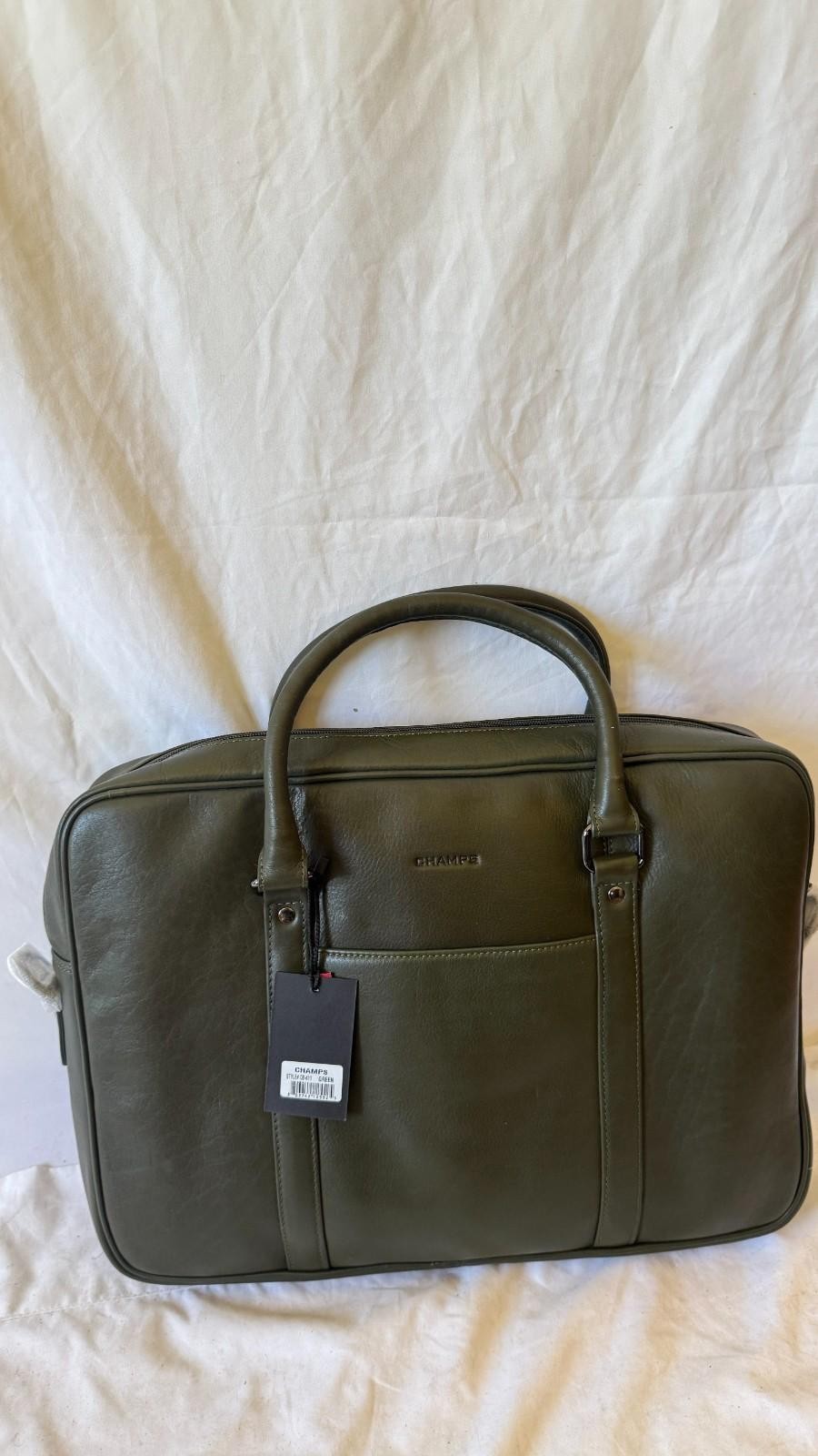 New Champs Onyx Leather Slim Laptop Briefcase Green Bag