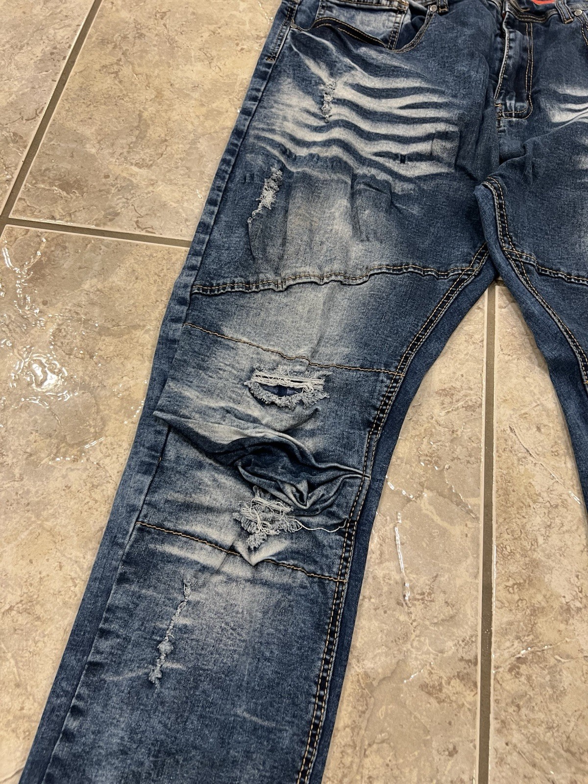 ENCRYPTED Men’s 40 Acid Wash Biker Jeans Slim Fit Moto Skinny Blue Denim