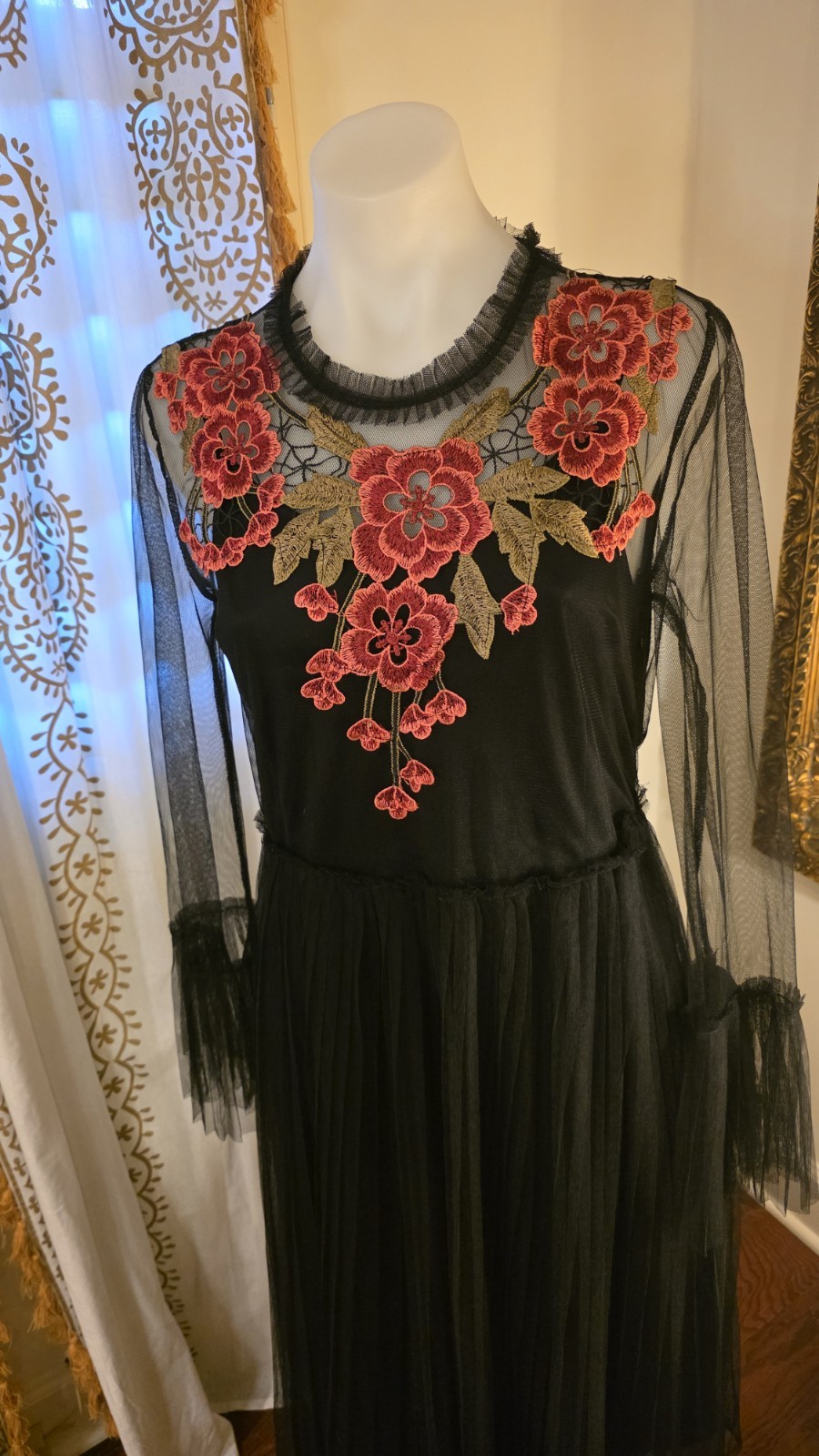 Hesperus Black Mesh Floral Embroidered Sheer Long Sleeve Midi Dress Women Party