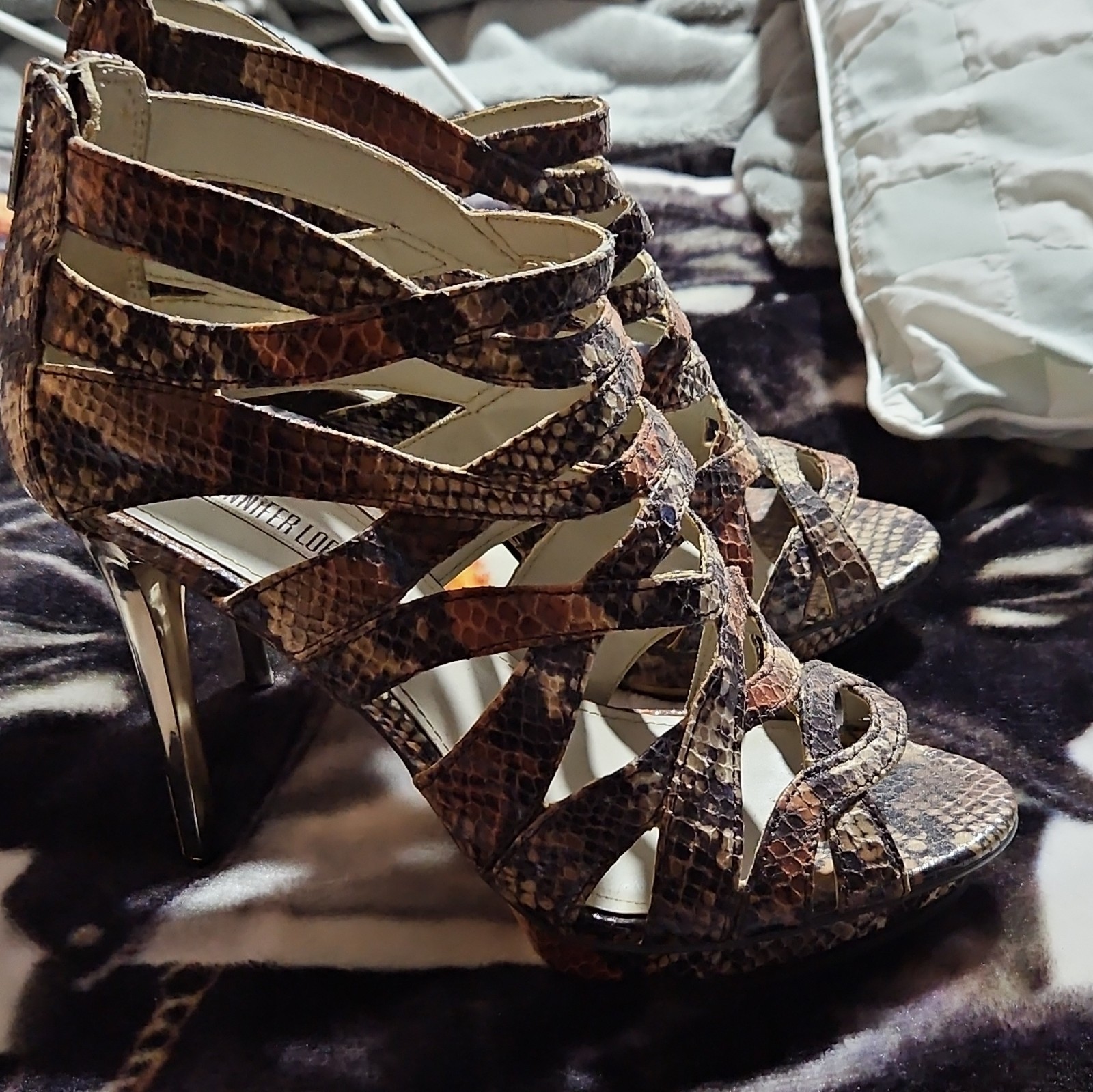 Jennifer Lopez Snake Print Strappy Open Toe Stiletto Zip Heels US 7