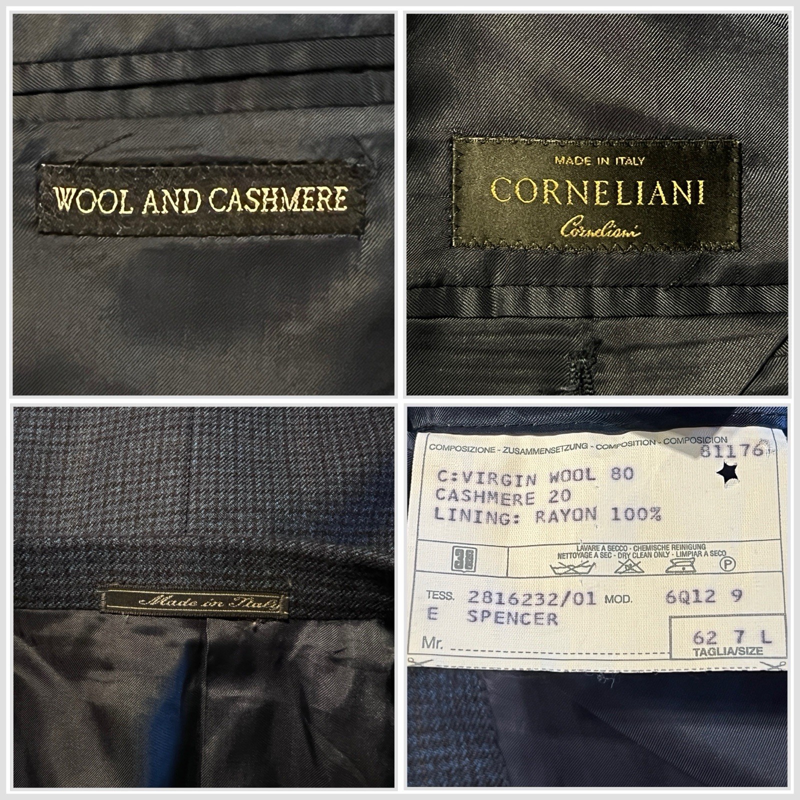 Corneliani Cashmere & Wool 50-52L Blue Houndstooth Plaid Sport Coat Blazer