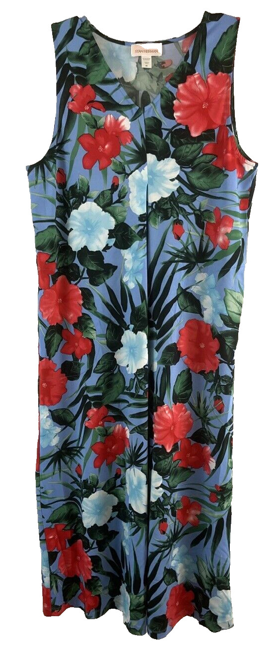 Stan Herman Silky Jersey Lounge Dress Hibiscus Sz Medium Blue A346777 Women YX3