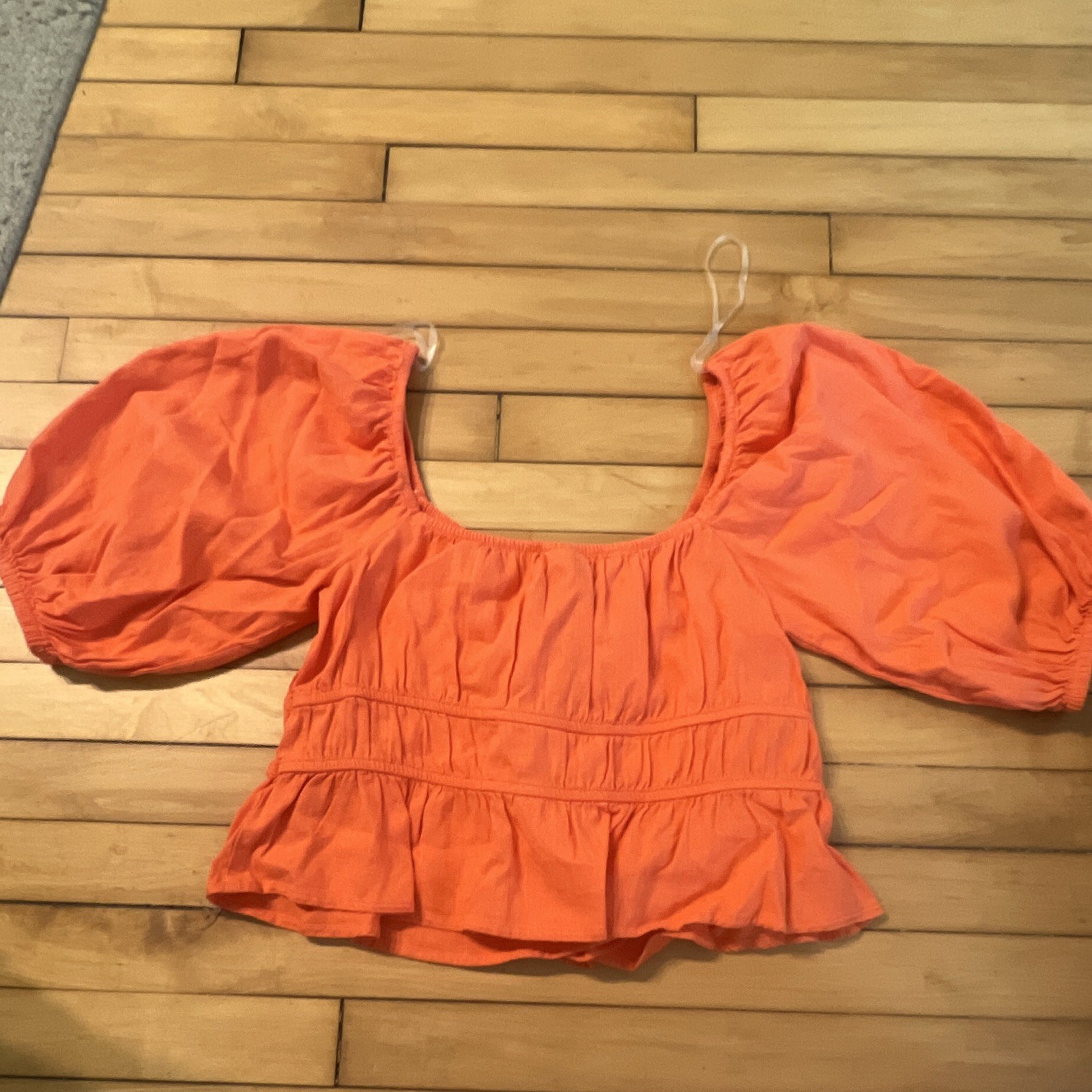 A New Day Orange Puff Sleeve Square Neck Ruffle Hem Blouse Linen Rayon L