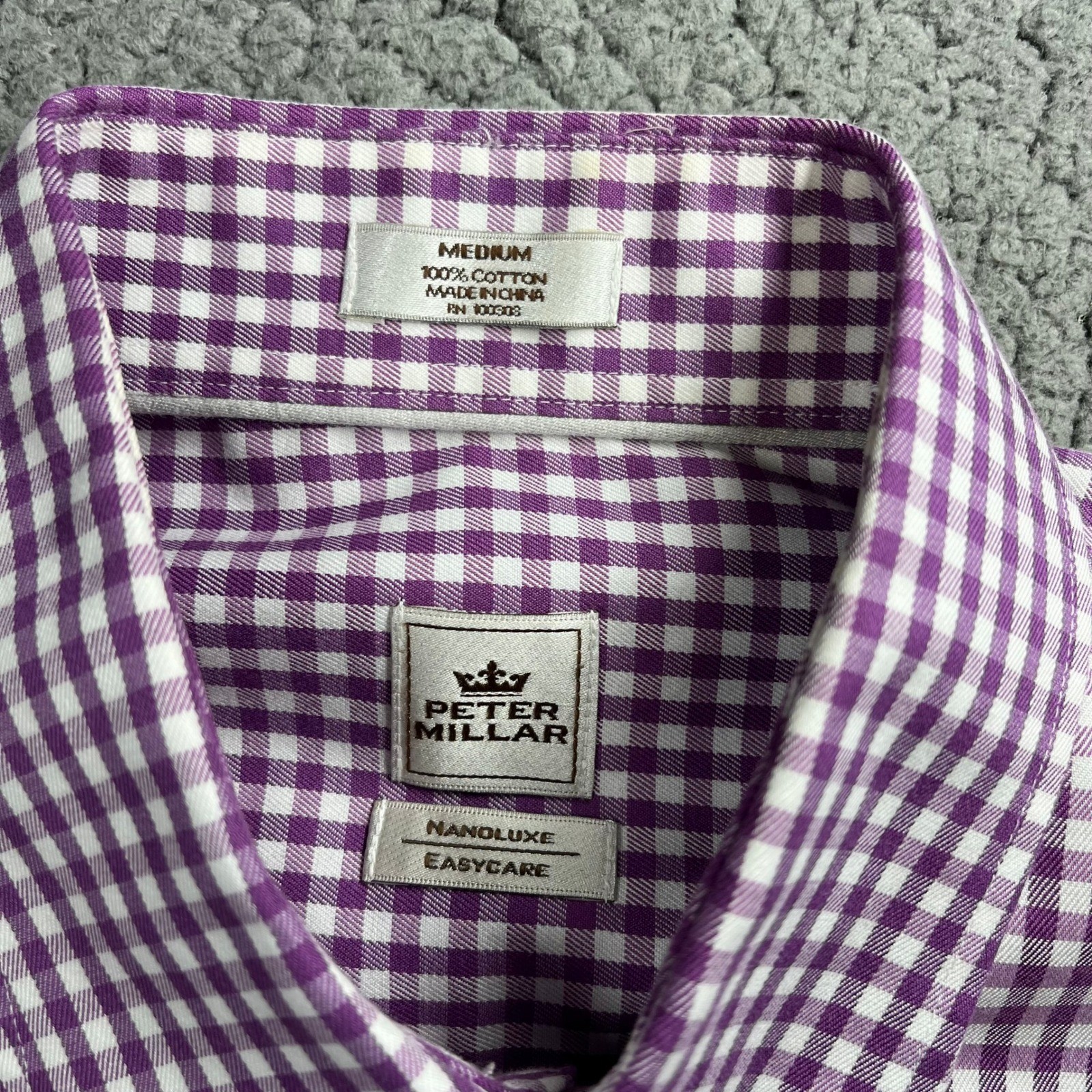 Peter Millar Nanoluxe Easy Care Mens Medium Purple Gingham Button Down Shirt
