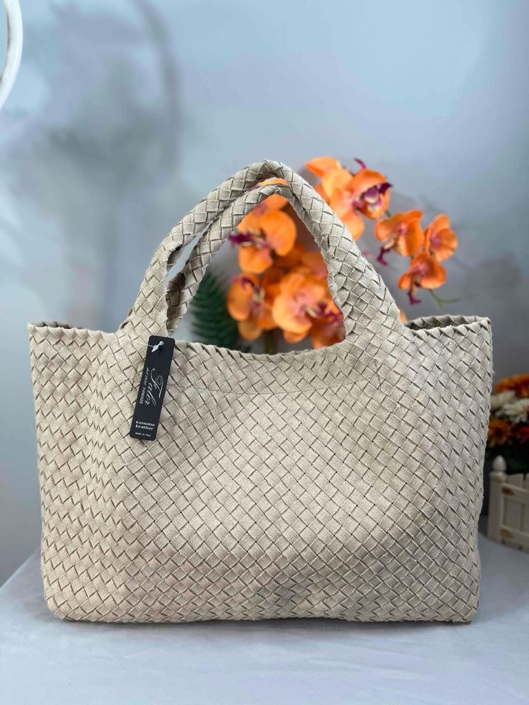NWT FALORNI ITALIA LE BORSE Naturale/ Nero Hand Woven Canvas Tote Bag F3034