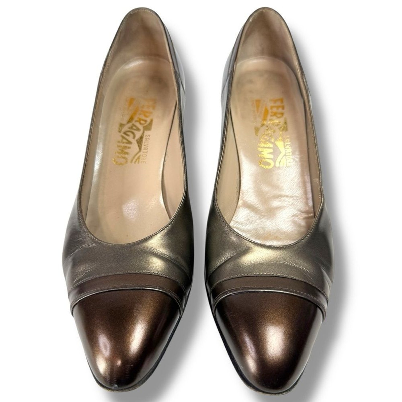 Salvatore Ferragamo Italian Leather Pumps Bronze Luxury Heels 6.5 AA Narrow