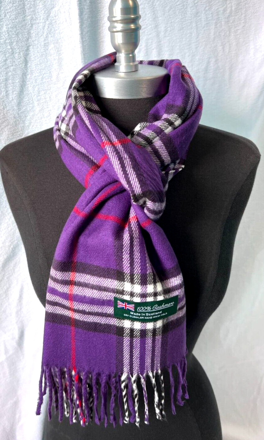 Womens Winter Warm SCOTLAND Made 100% CASHMERE Scarf Plaid Purple/Red/Black