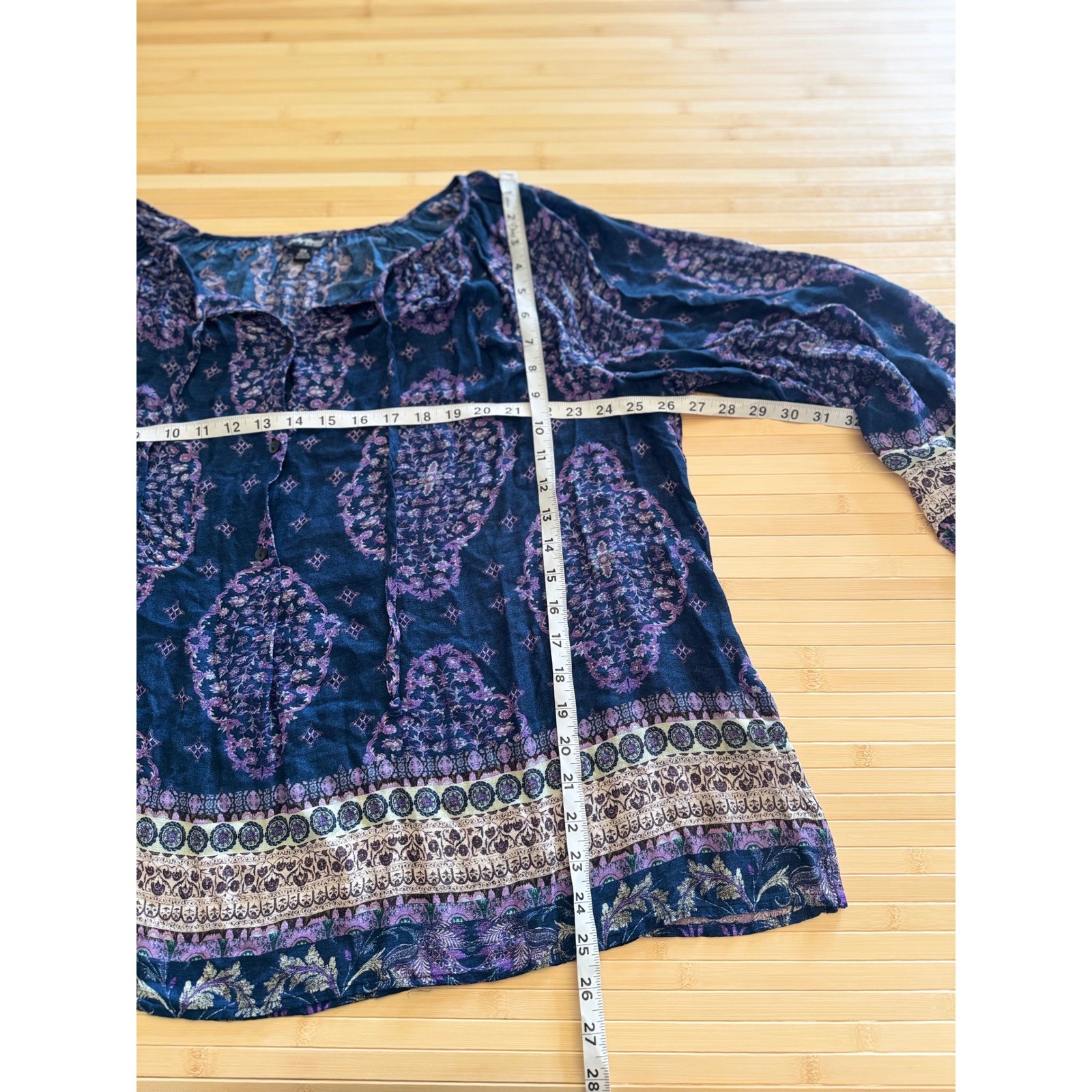 Lucky Brand Womens 2X Blue Purple Medallion Print Peasant Blouse Boho Tie Neck