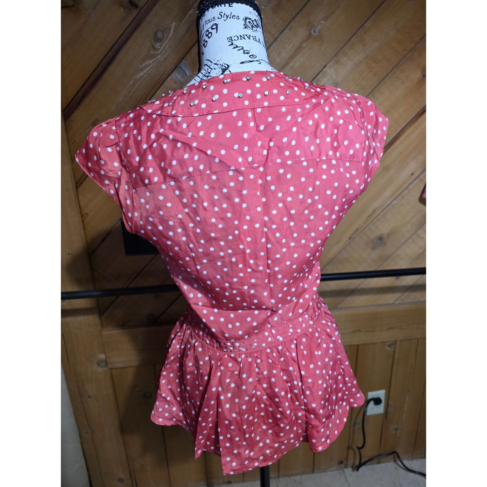 LC Lauren Conrad Polka Dot Peplum Blouse Berry Pink Rhinestone Collar S NWT
