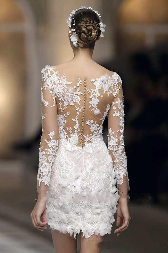 Long Sleeve Short Lace Wedding Dress Bridal Gown Custom Size 2 4 6 8 10 12 14 16