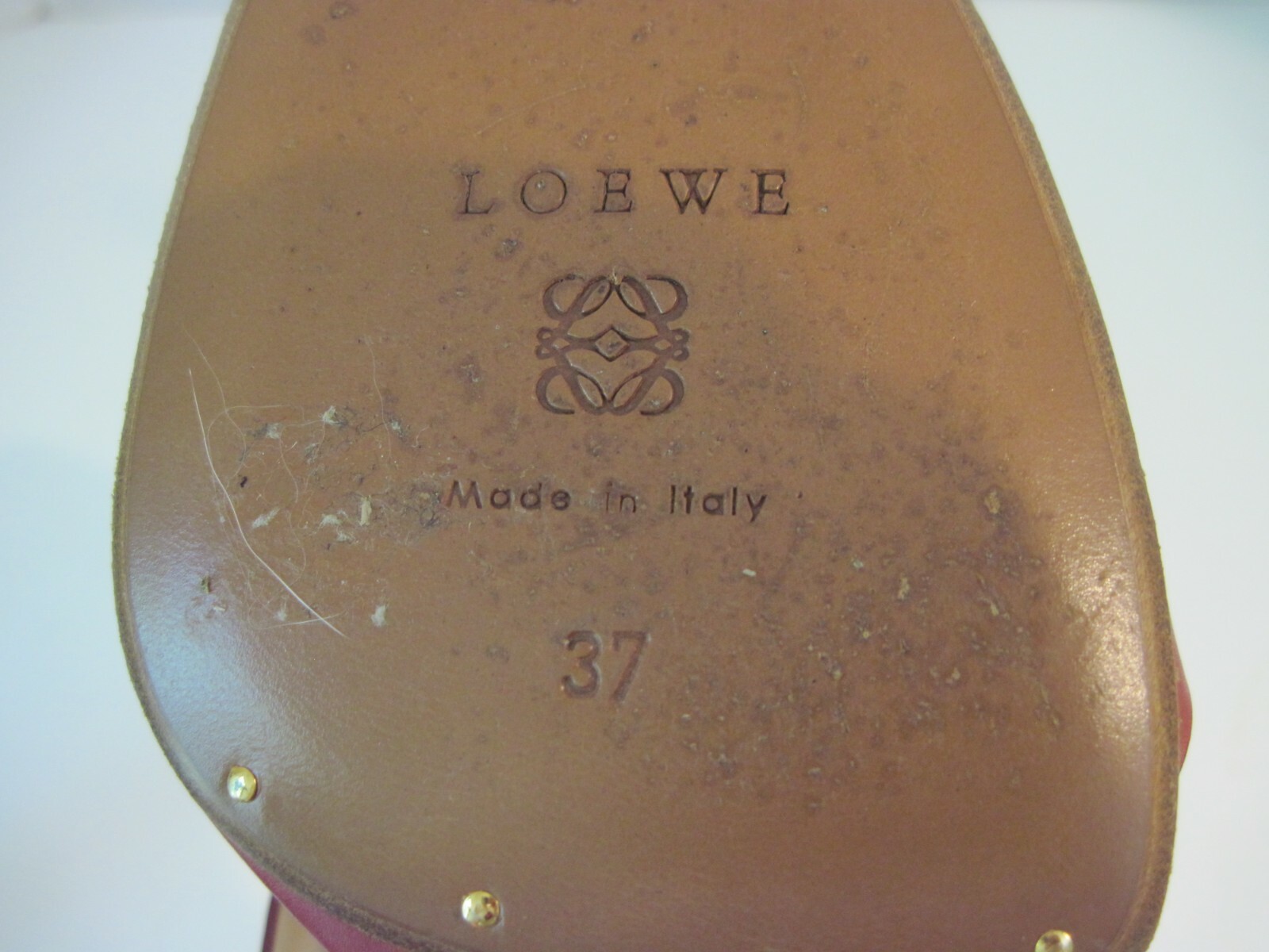 LOEWE Dark Raspberry Leather Gold Tone Accent Double Strap Heeled Sandals Sz 37