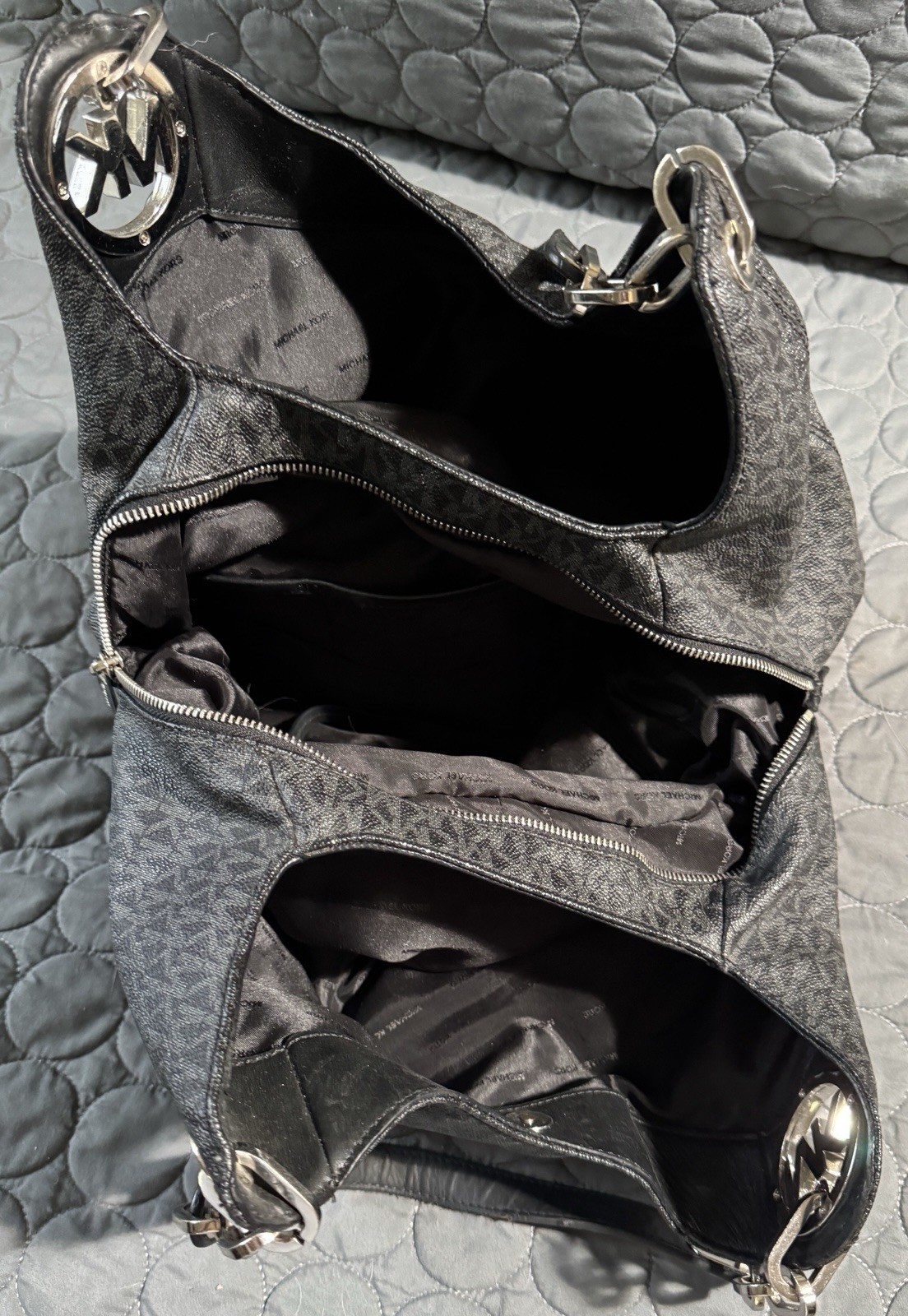 Michael Kors Gray/Black Monogram Hobo Shoulder Bag Zip/Magnetic Silver HW
