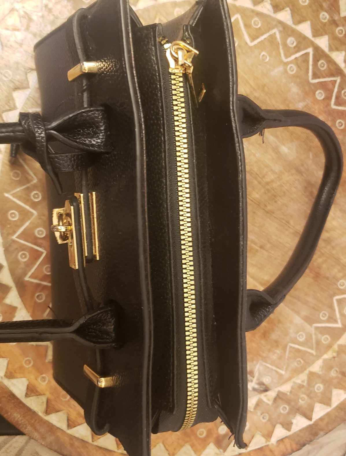 Black Satchel Handbag with Padlock and Gold-tone Hardware