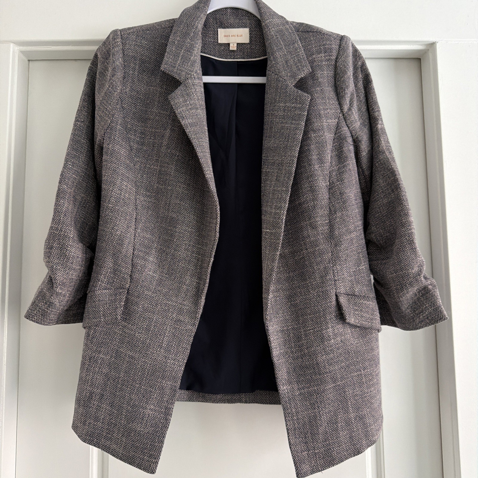 Skies Are Blue Black Knit Blazer Jacket Ruched Sleeve Open Front Small