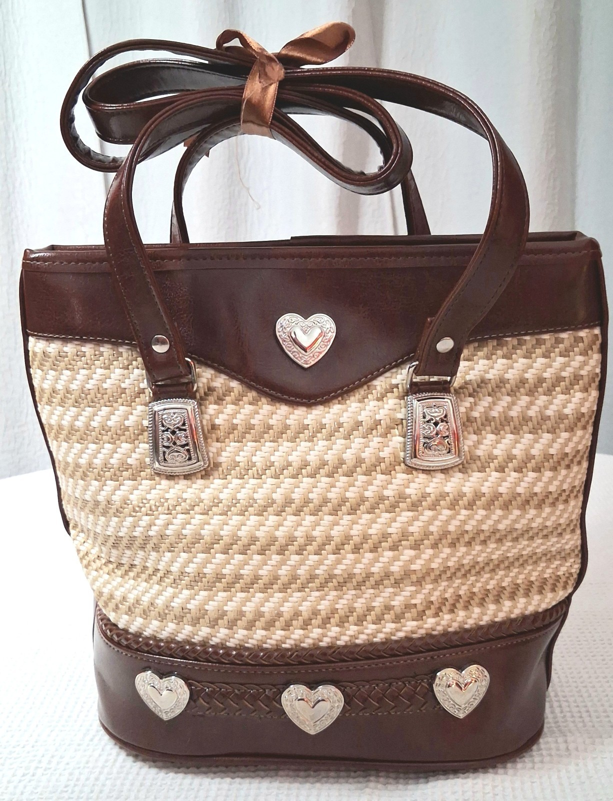 MINT Vintage Texas Leather Woven Straw Shoulder Bag 3PC Wallet Removable Insert