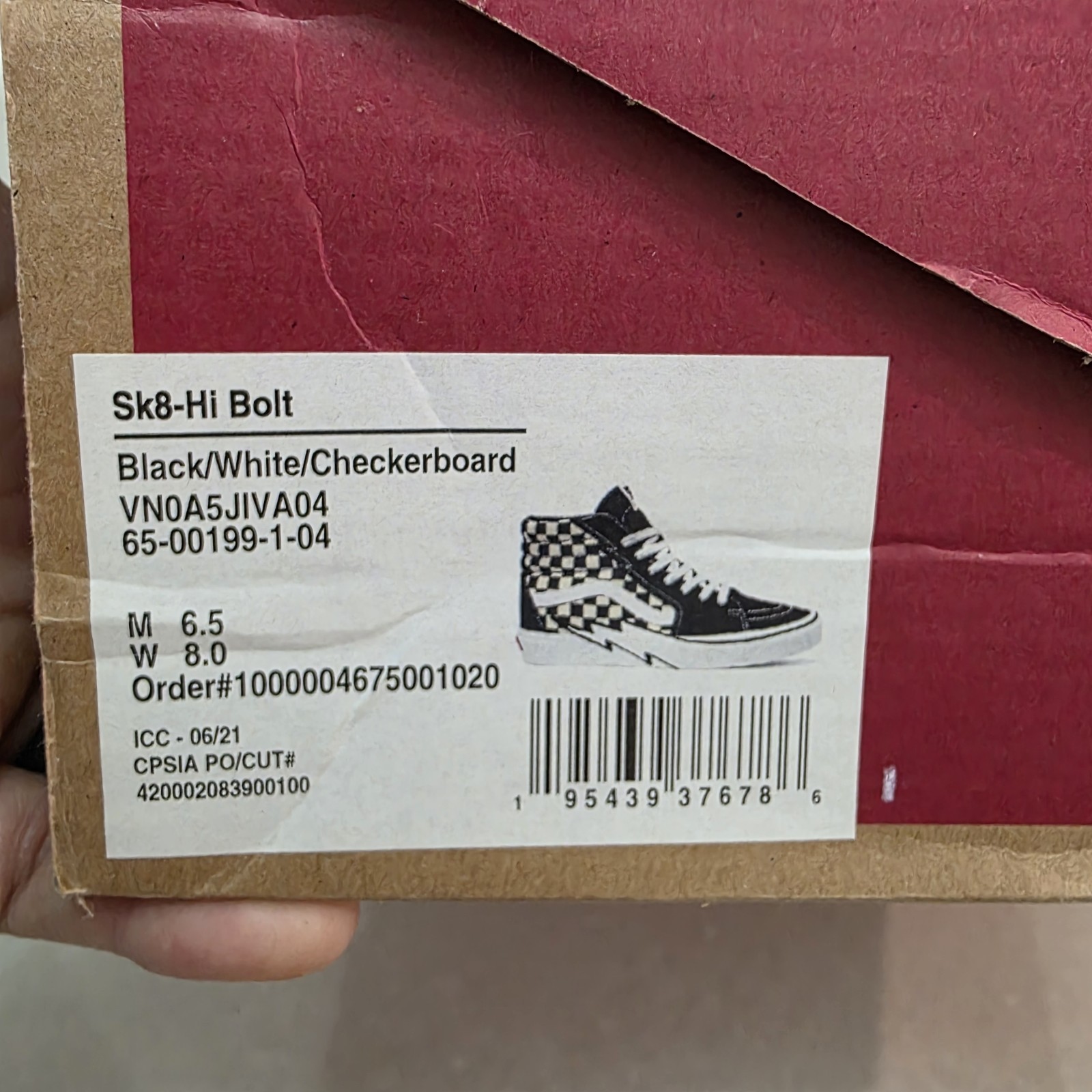 Sk8 Vans Hi ‘Bolt Checkerboard’ – VN0A5JIVA04 US 6.5 New In Box