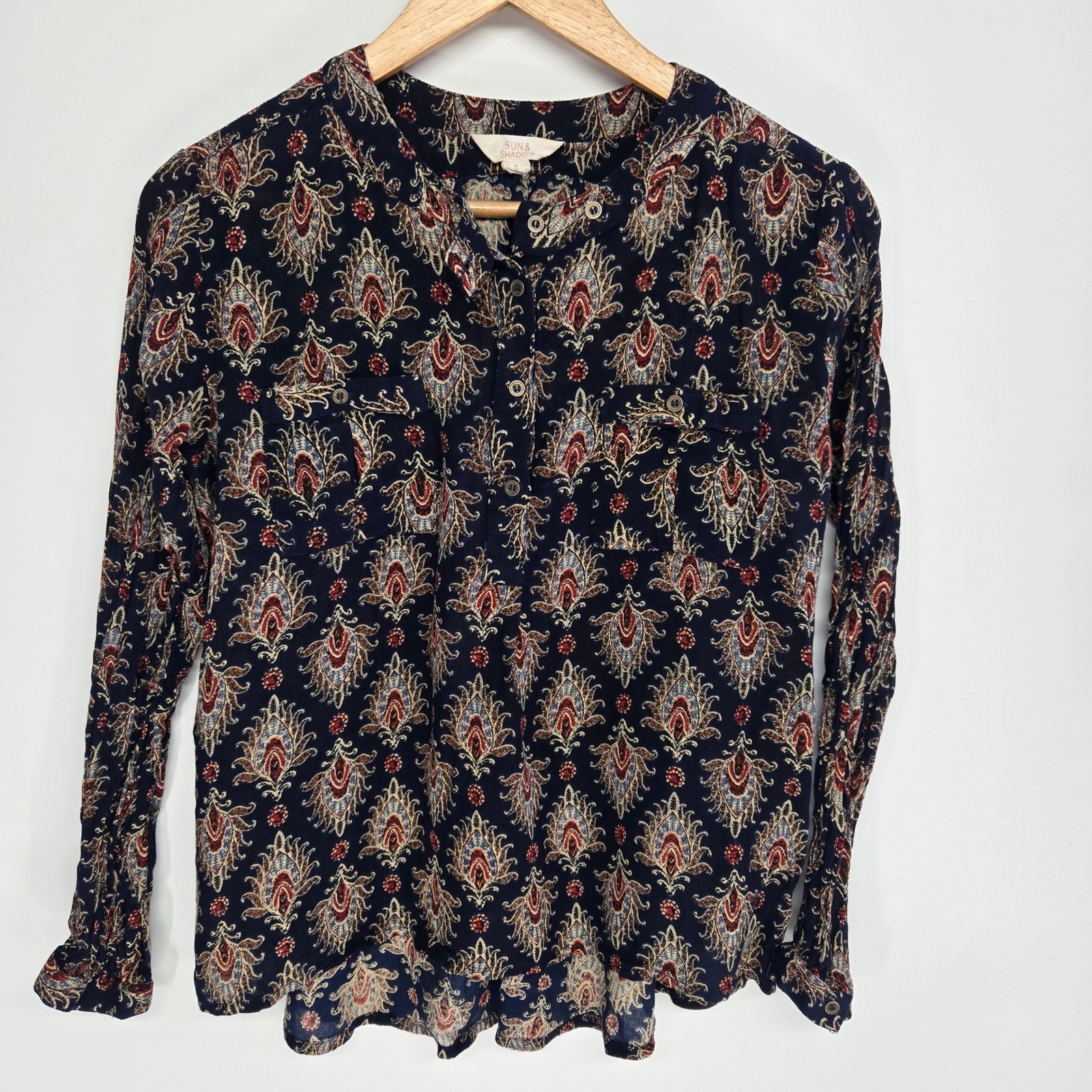 Sun & Shadow Blouse Women Small Navy Blue Paisley Boho Button Front Top Festival