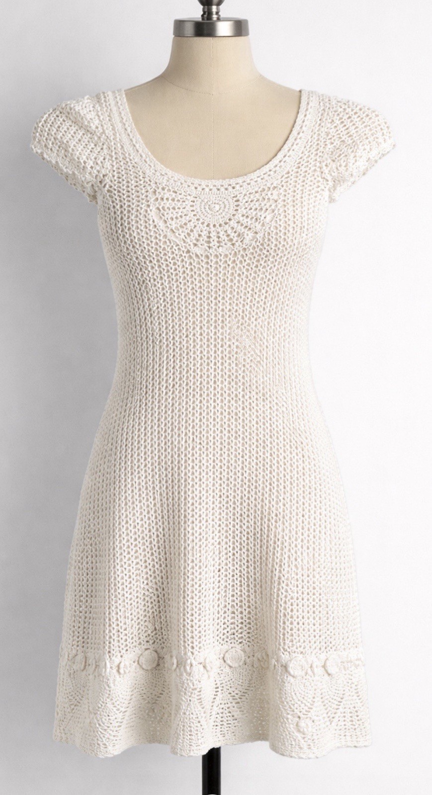 INC International Concepts White Crochet Fit & Flare Dress Round Neck Cap Sleev…