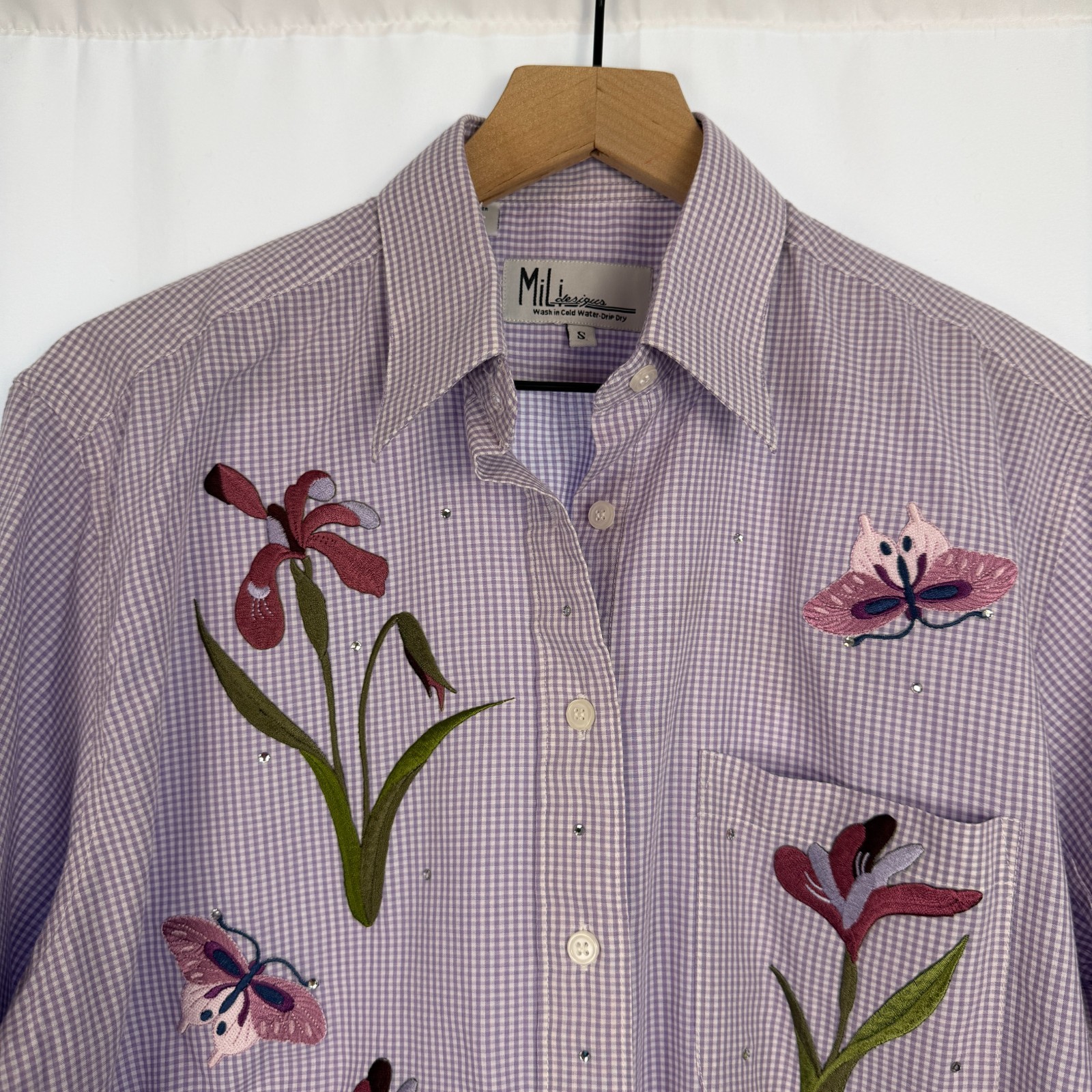 MILI DESIGNS Embroidered Blouse Top Womens Purple S Gingham Check Butterflies