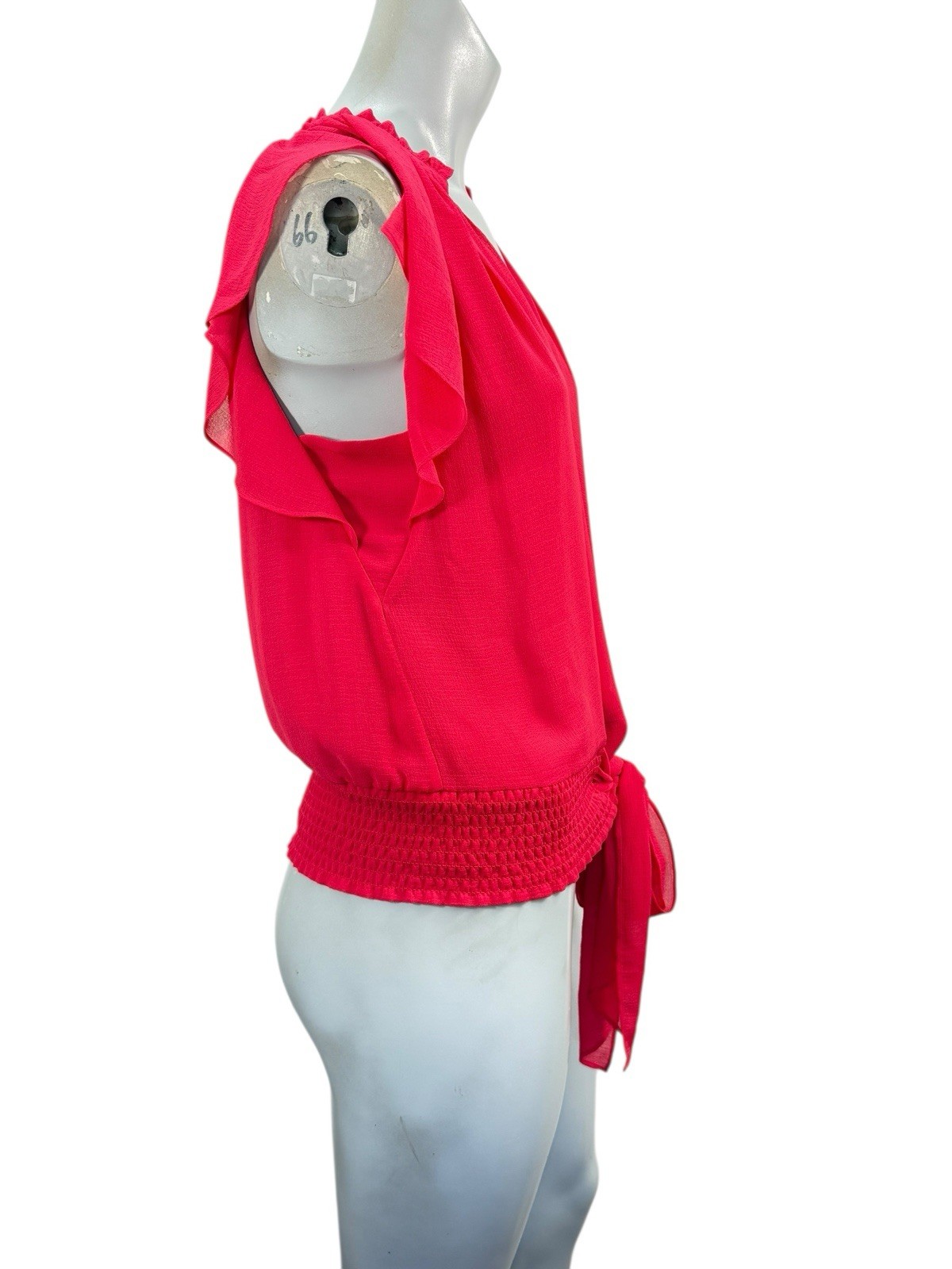 S Ramy Brook New York Red Meredith Blouse Short Flutter Sleeve V Neck Waist Tie
