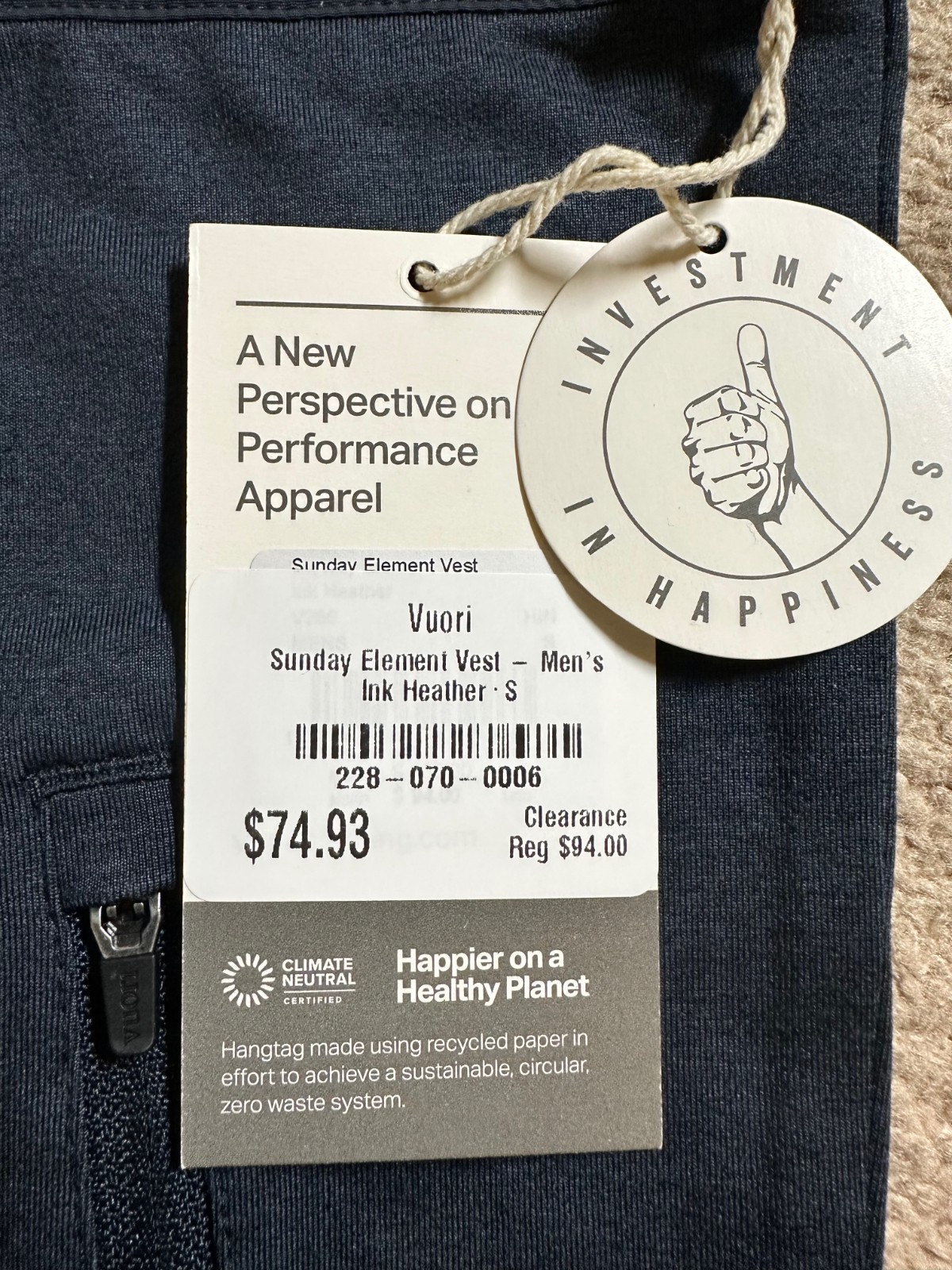 Vuori Men’s Sunday Element Vest INK HEATHER Blue sz Small NEW
