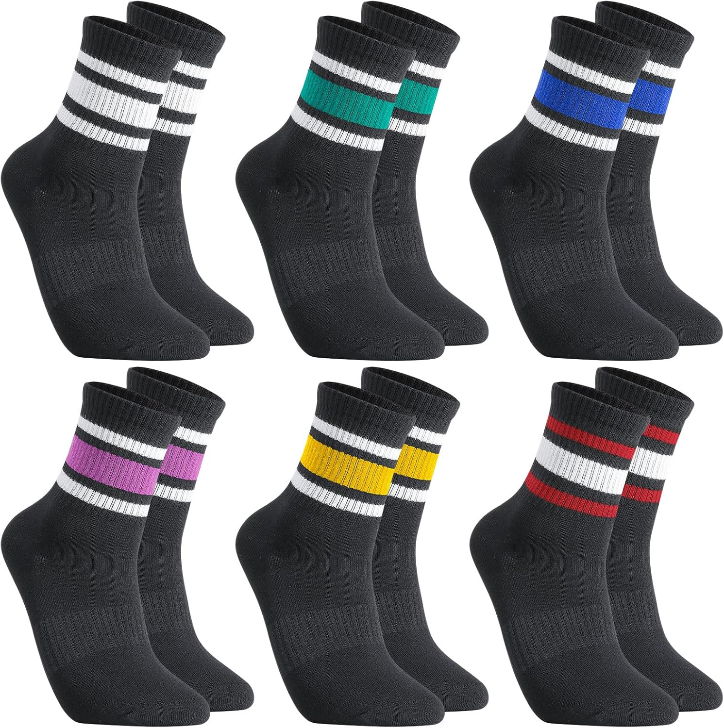 6 Pairs Retro Stripe Tube Socks Classic Athletic Sport Running Crew Casual Cotto