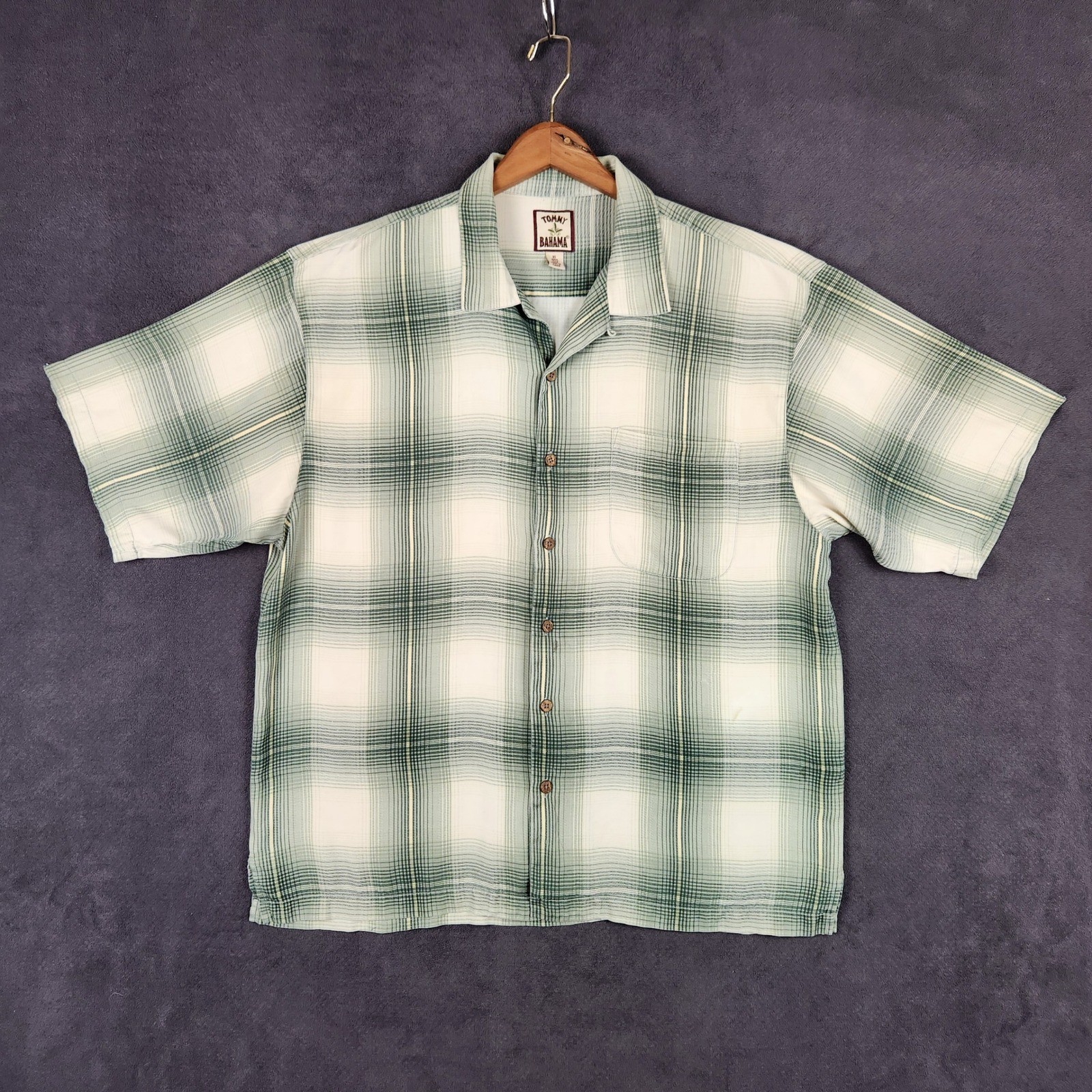 Tommy Bahama Shirt Mens XL Green Plaid Silk Short Sleeve Camp Button Up Vacation