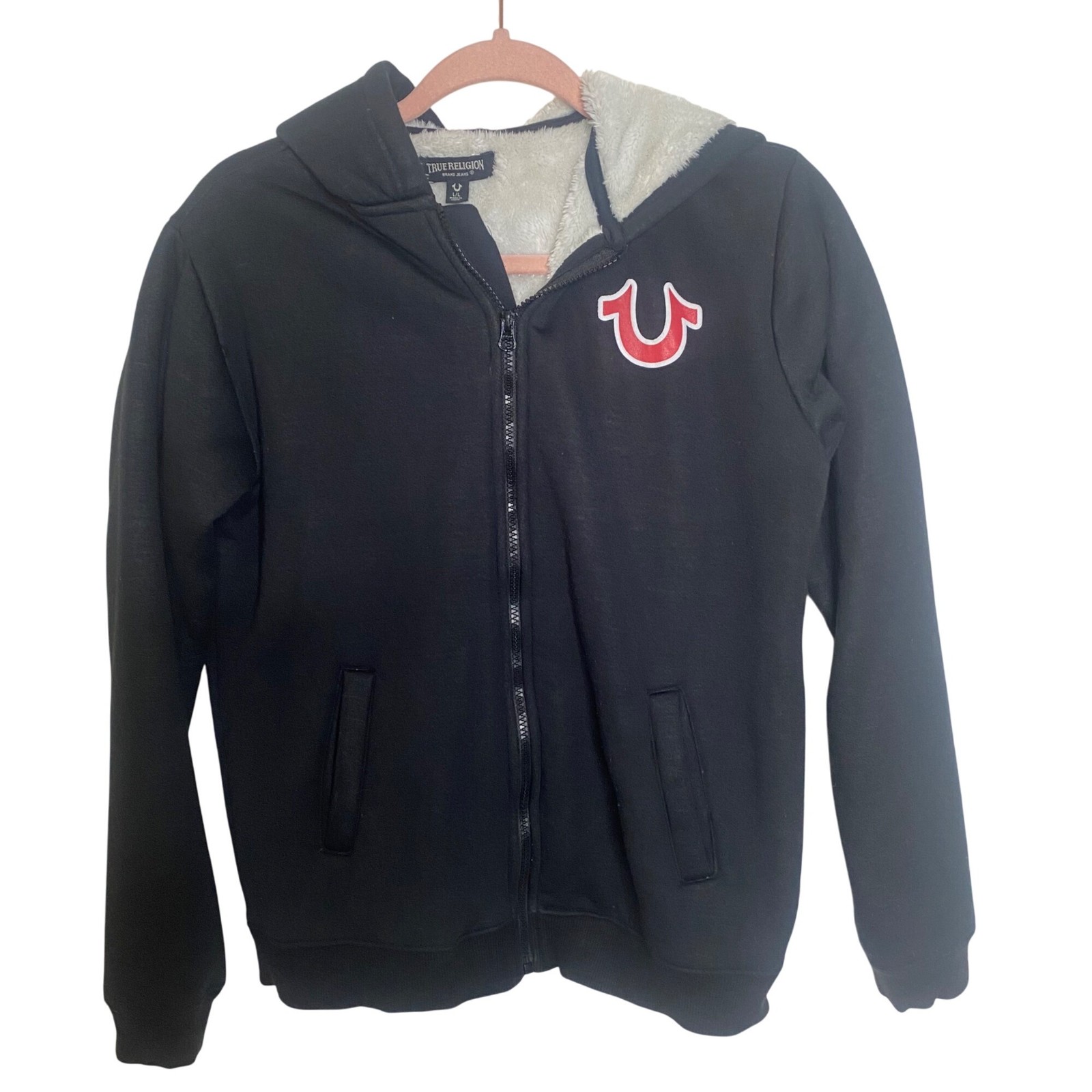 True Religion Sharpa Lined Hoodie Jacket Womens L Black Zip-Up