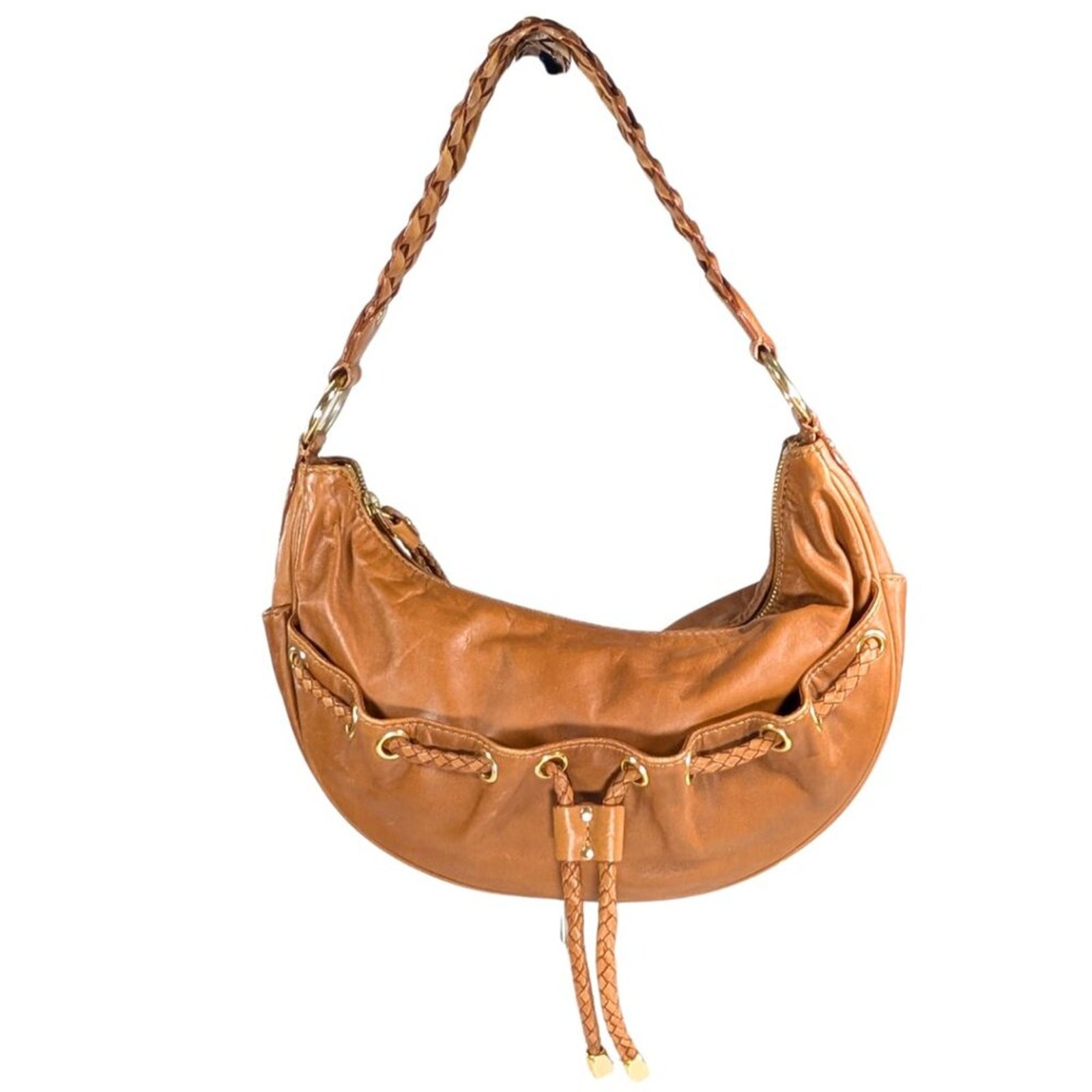Michael Kors Nolita Tan Leather Braided Hobo Zip Boho Festival Shoulder Bag