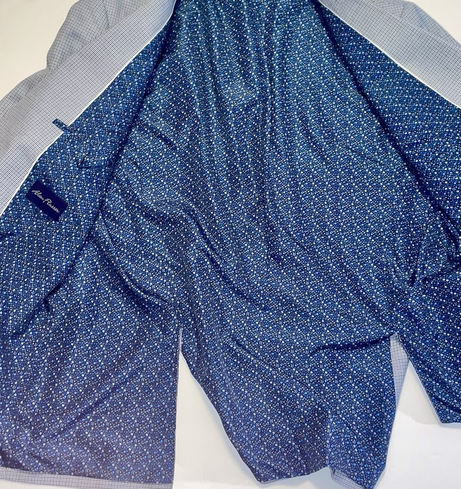 Alan Flusser Blue Check Floral Liner PolyBlend Mens•48R SportsCoat Jacket Blazer