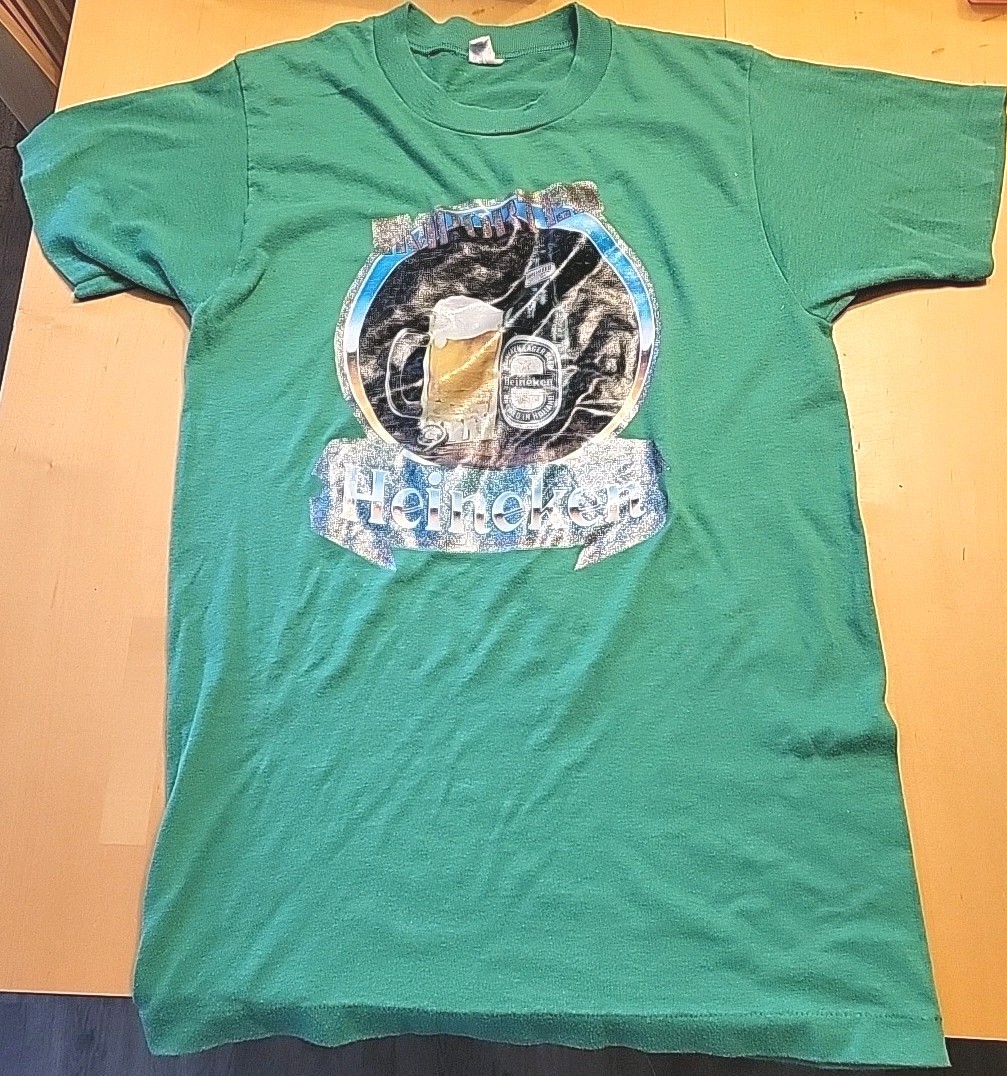 Vtg 80s Heineken Beer T Shirt Cal Cru Rainbow Tag Shimmer Glitter Iron On USA M