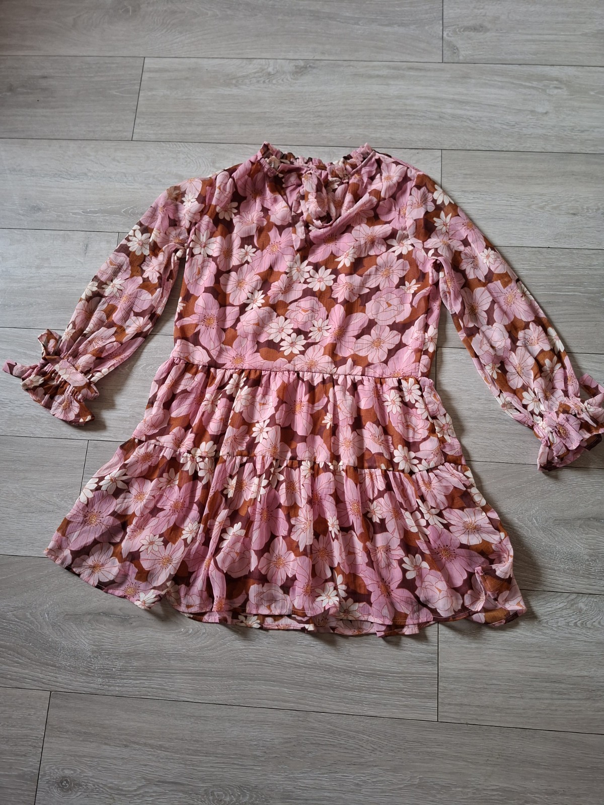 Brown & Pink Floral Flared Smock Dress Tiered Frill Party Sheer Boho Retro UK14