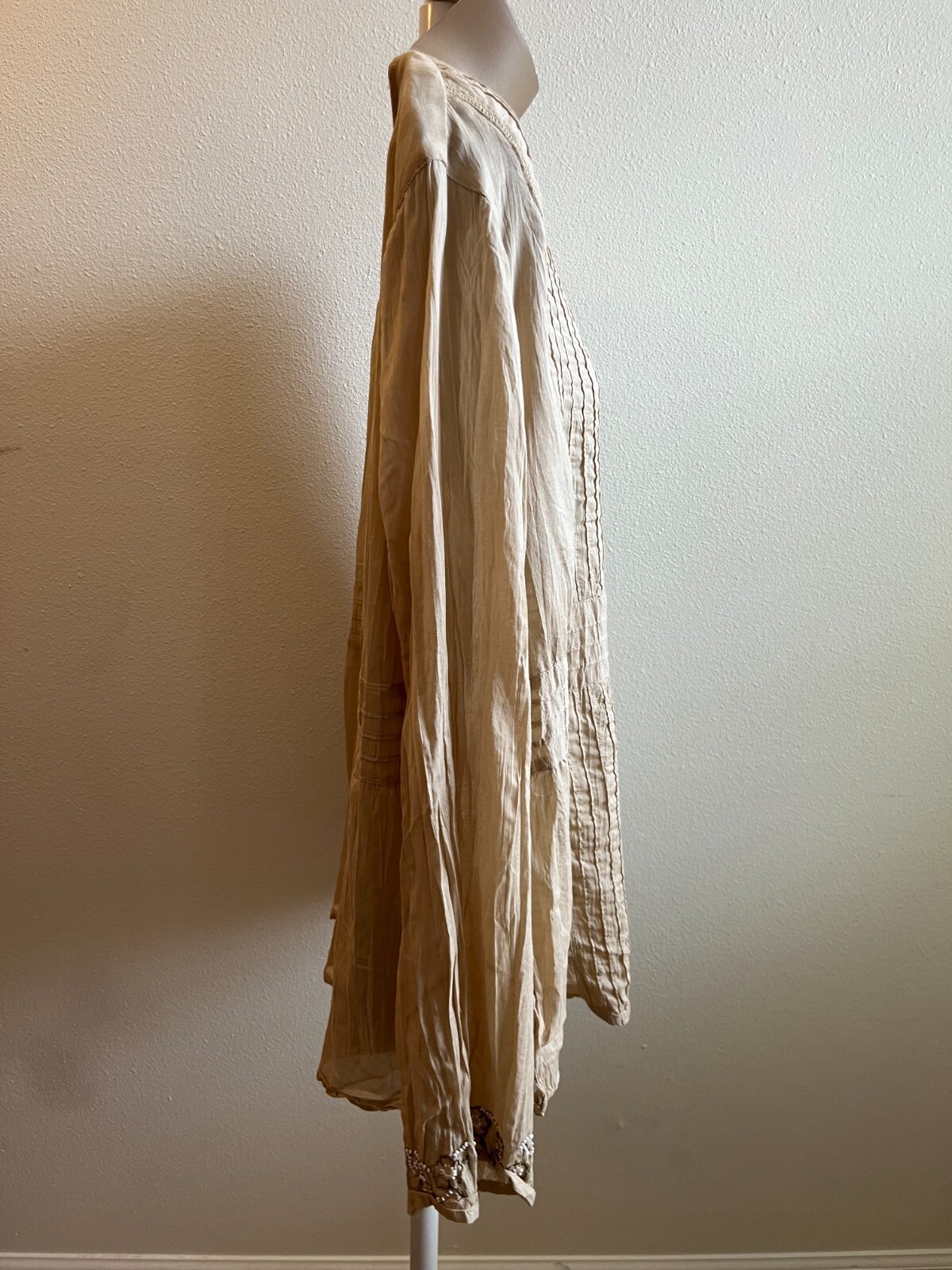 Faded Glory Blouse,Boho,Long Sleeve,Beaded,Embroidered,Pleated,Beige,Size 16W