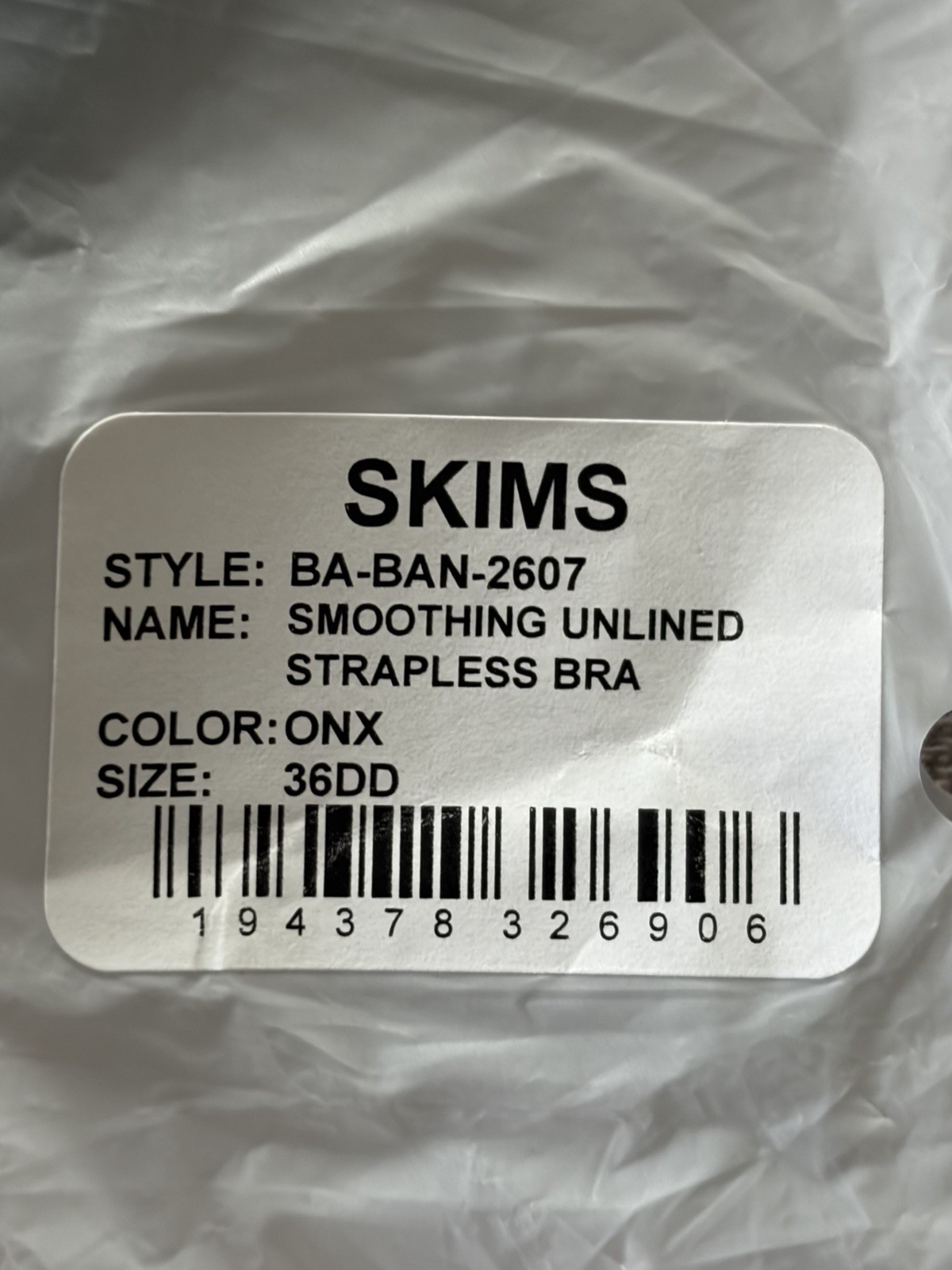 NWT~SKIMS SMOOTHING UNLINED STRAPLESS BRA~ONYX BLACK~SIZE 36DD~BA-BAN-2607