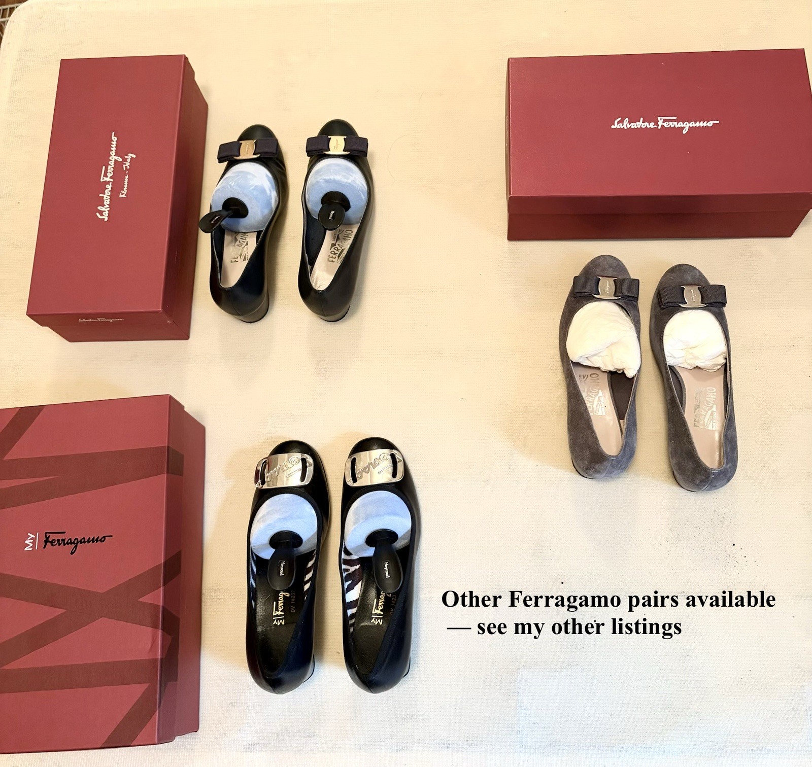 Salvatore Ferragamo Navy Leather Vara Bow Pump Heels Round Toe 8 Original Box