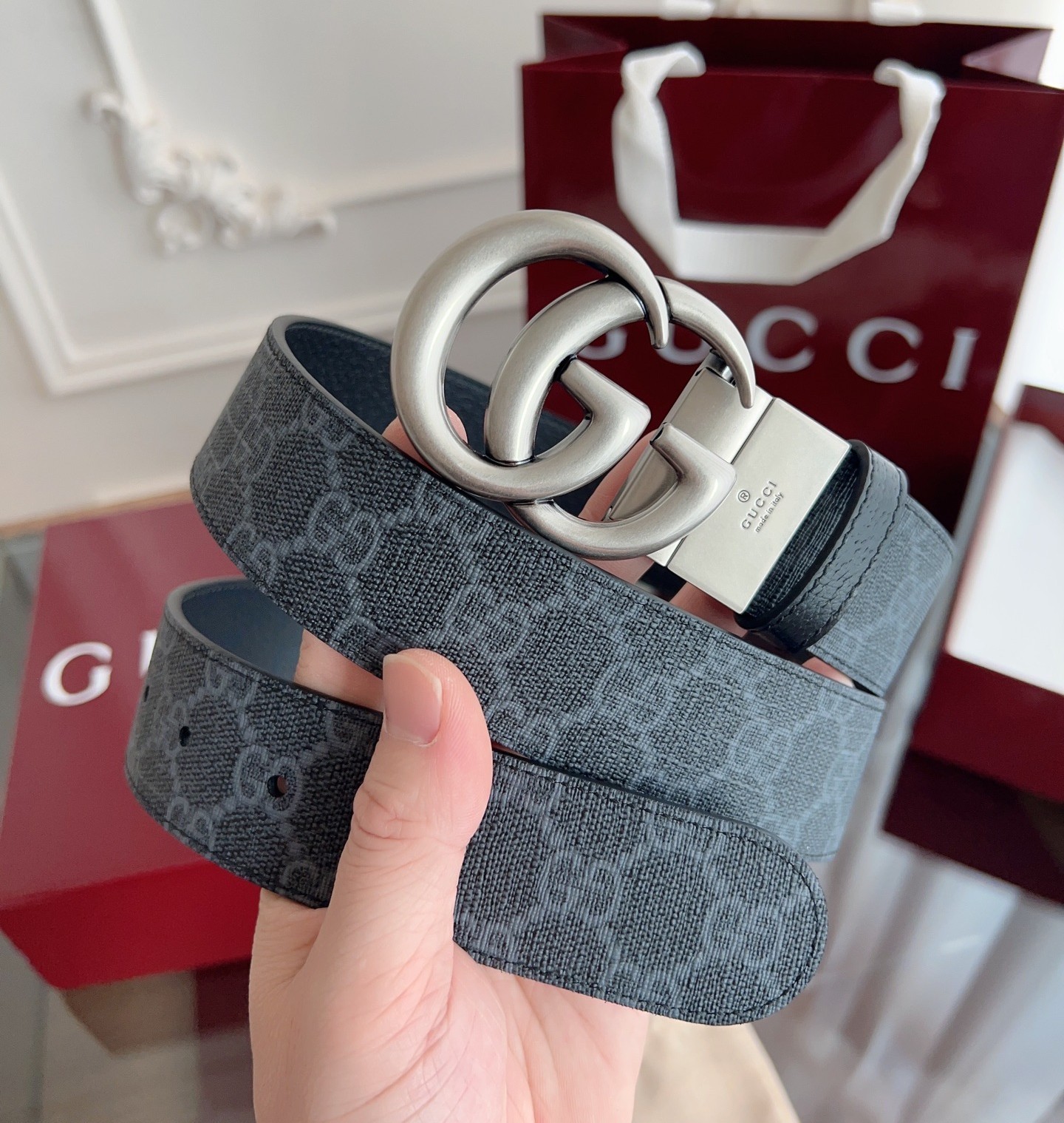 New Gucci Black Leather GG Canvas Men’s Reversible Belt Retro GG Buckle 3.7cm
