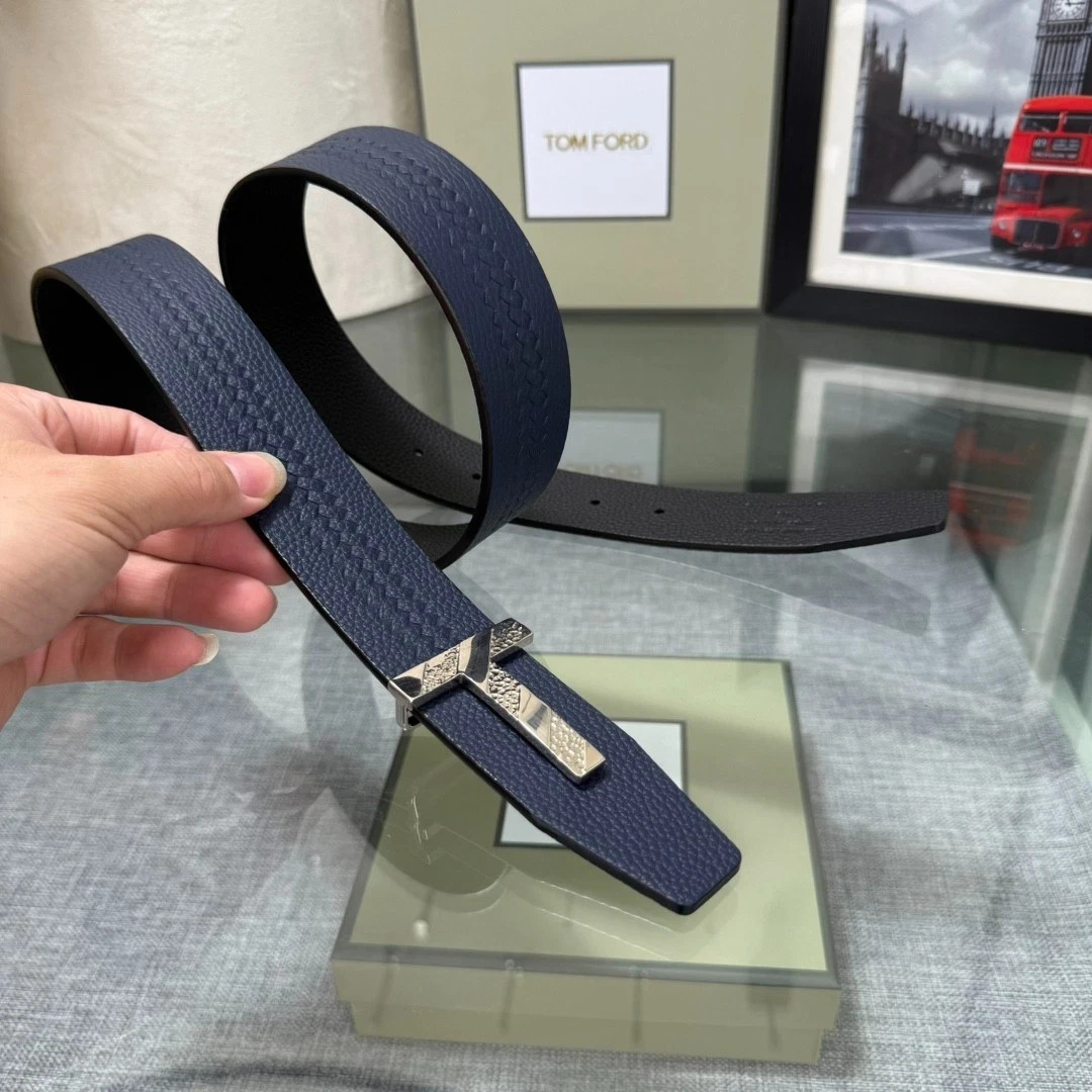 TOM FORD Navy Pebbled Leather Belt Silver T Buckle 38mm Men’s w/ Box