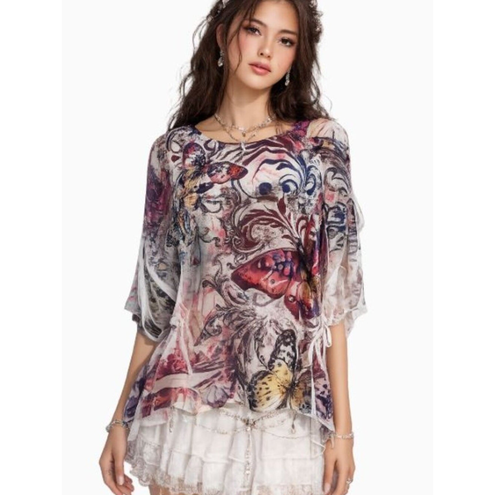 Vintage Y2K Graphic Butterfly Top Small Fairy Grunge Ethereal Flowy Asymmetrical