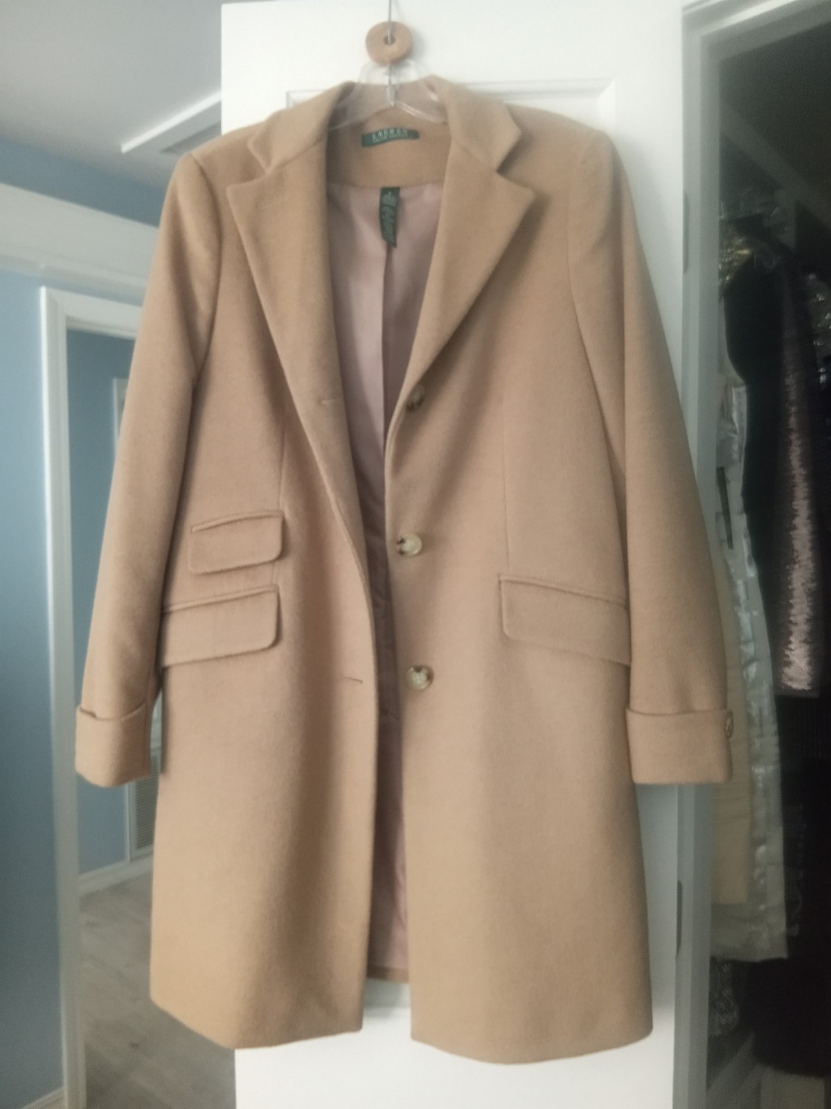 Lauren Ralph Lauren Beige Mid-Length Button Front Overcoat Lined Pockets 2