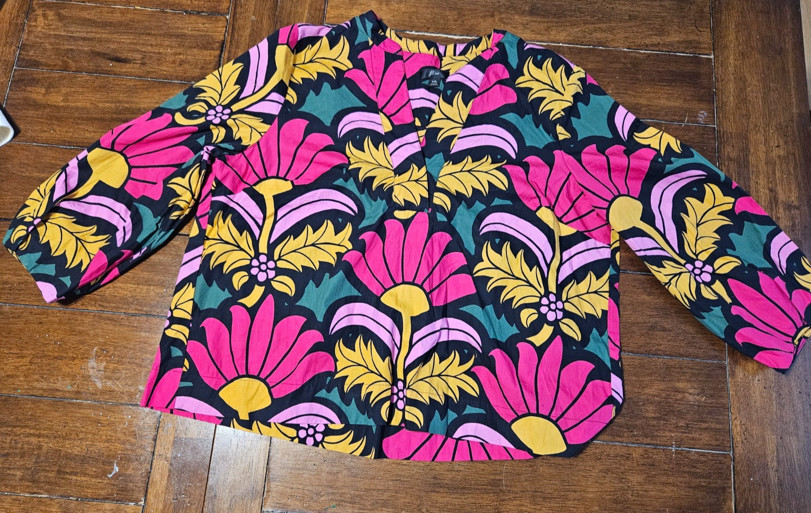 J Crew Floral Top Women XXL Ratti Grandi Fiori Cruise Cotton Boho Pink Black