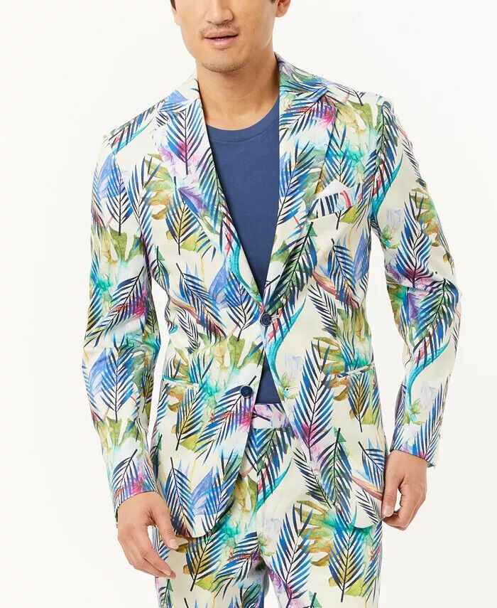 Tallia Men’s Cotton Blend Tropical Slim Fit Blazer in Blue Cream-XL 44-46