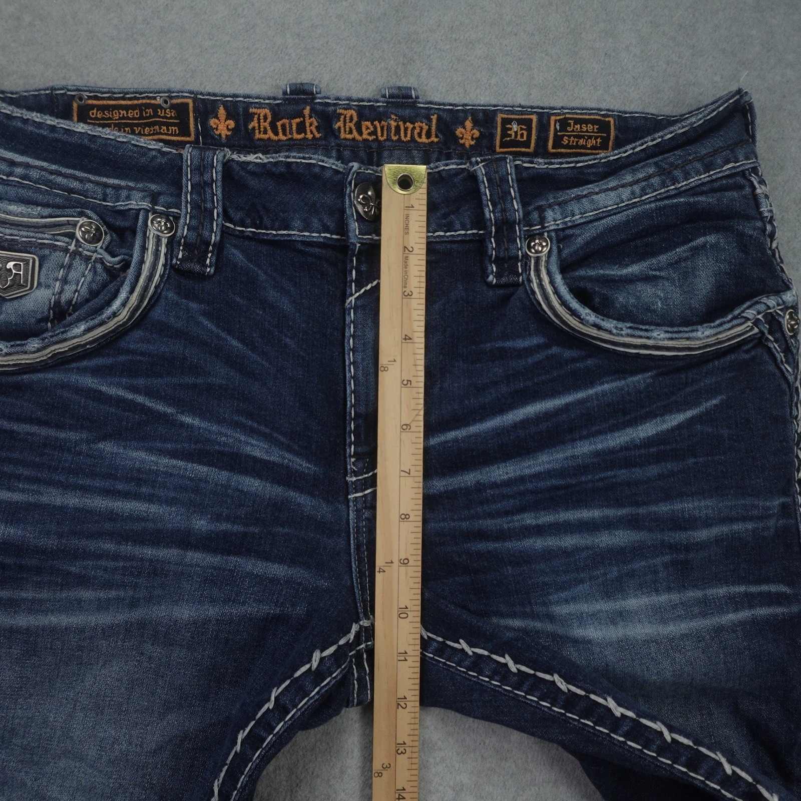 Rock Revival Jeans Mens 36 Blue Distressed Stitch Jaser Straight Denim