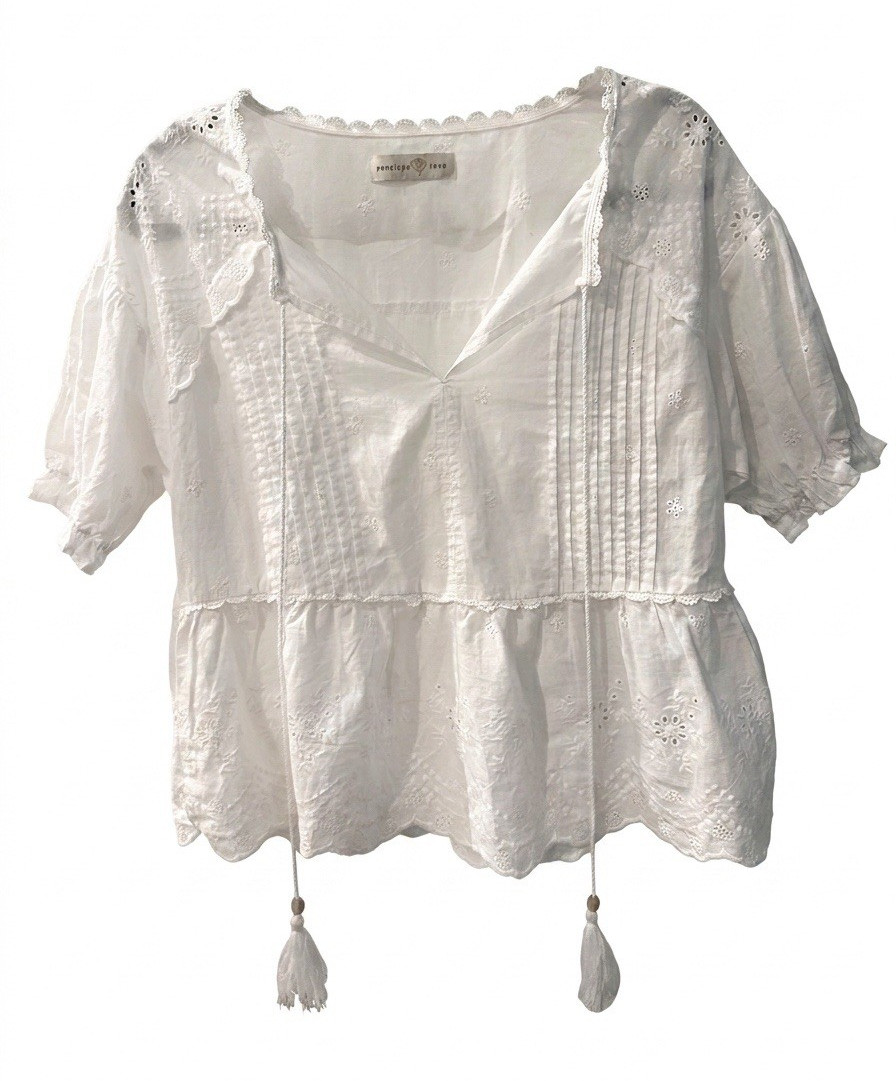 Penelope Tree Maternity M White Cotton Eyelet Lace Tassel V-Neck Blouse